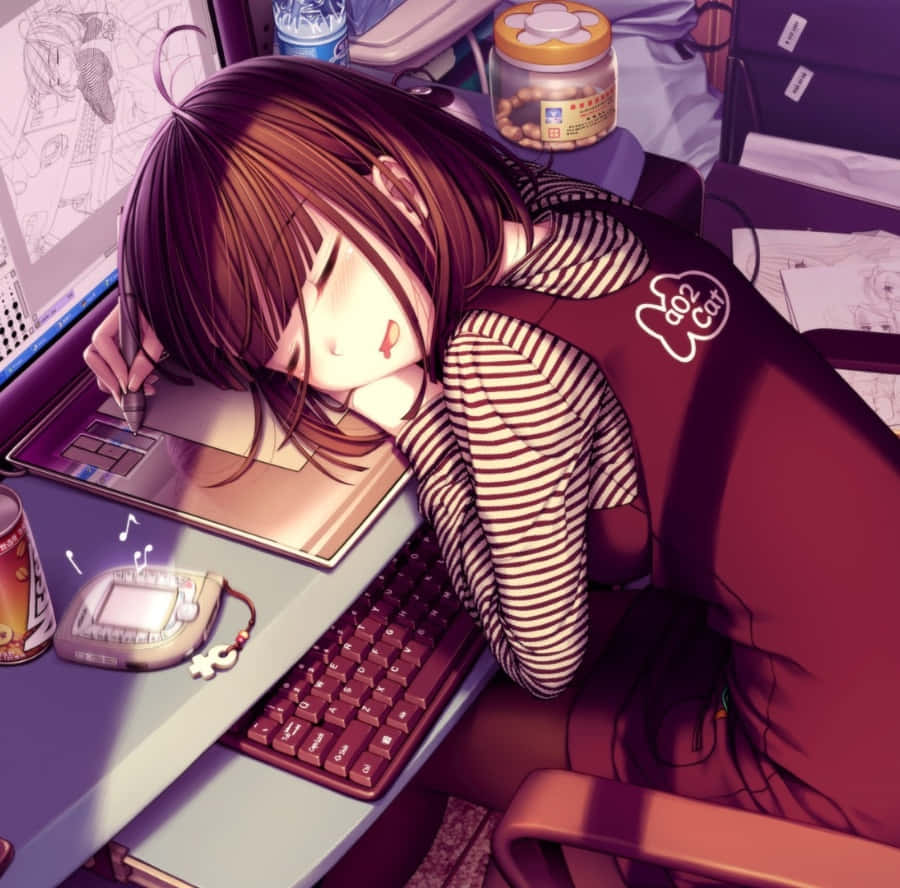 Gamer Girl Anime Pfp, brown hair, drawing tablet, SD Desktop Wallpaper