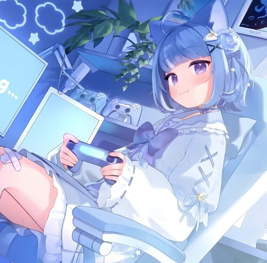blue-haired anime girl, cat ears, glowing game controller, SD Desktop Wallpaper