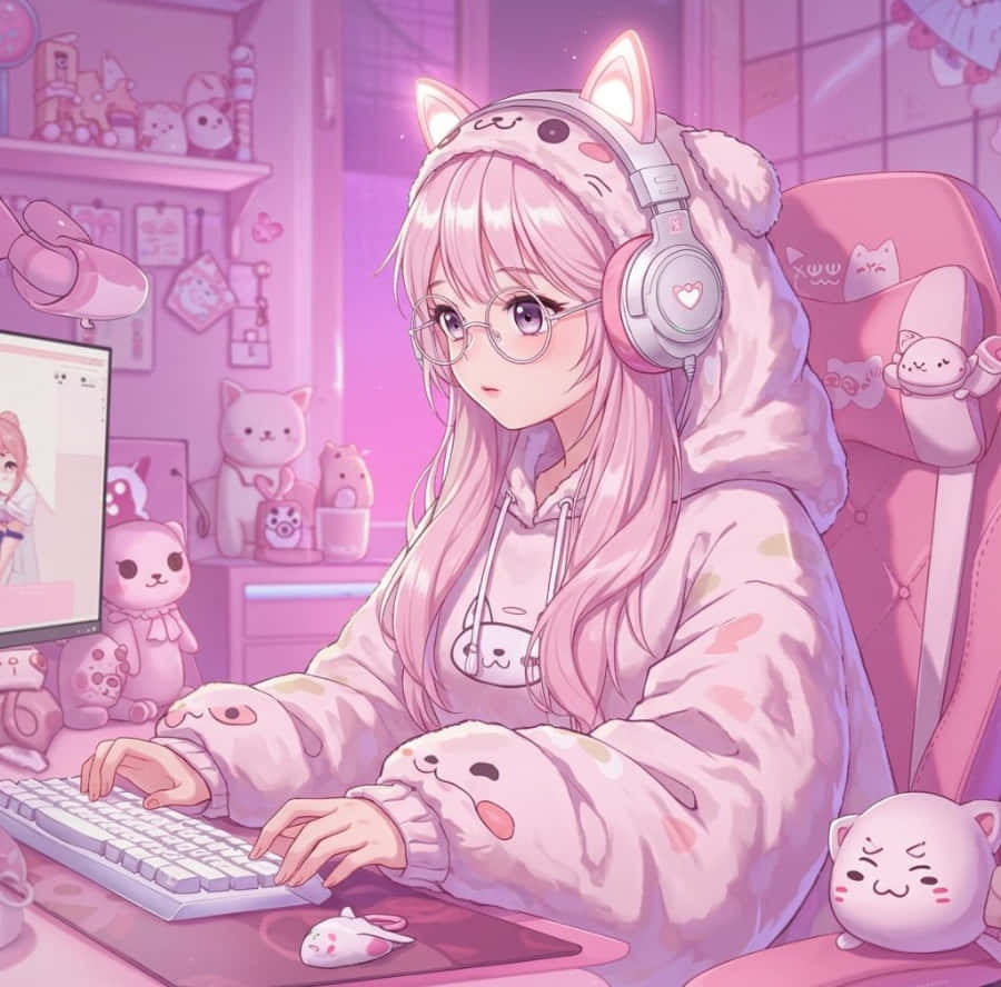 cute gamer girl pfp, pink hair, cat ears, SD Desktop Wallpaper