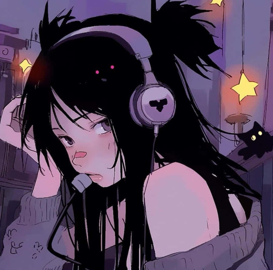Gamer Girl Anime Pfp, black hair, headphones, SD Desktop Wallpaper