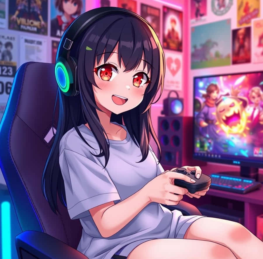 gamer girl, glowing red eyes, gaming chair, SD Desktop Wallpaper