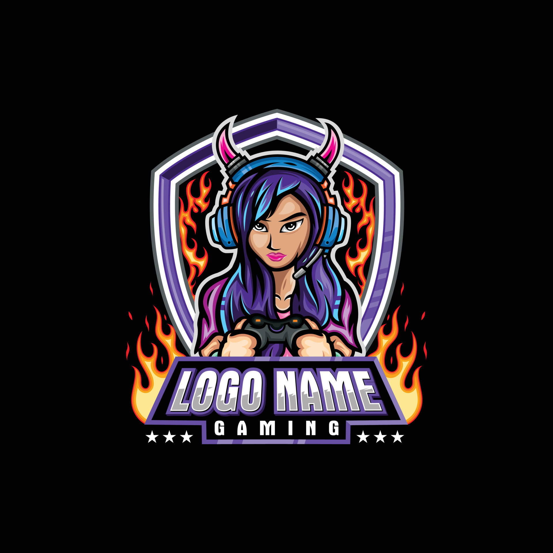 Fiery Girl, anime-style female gamer, purple hair, Full HD Desktop Wallpaper