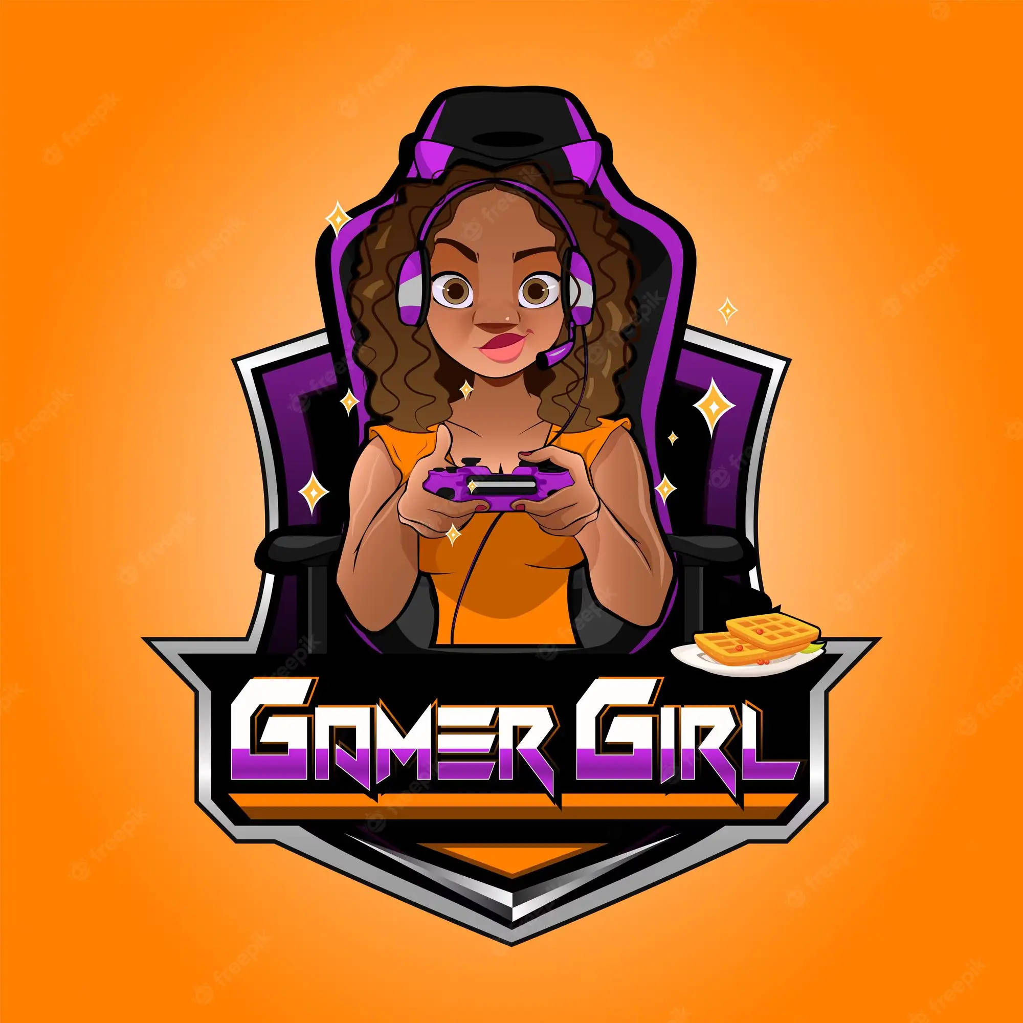 girl gamer logo, orange backdrop, curly hair, Full HD Desktop Wallpaper