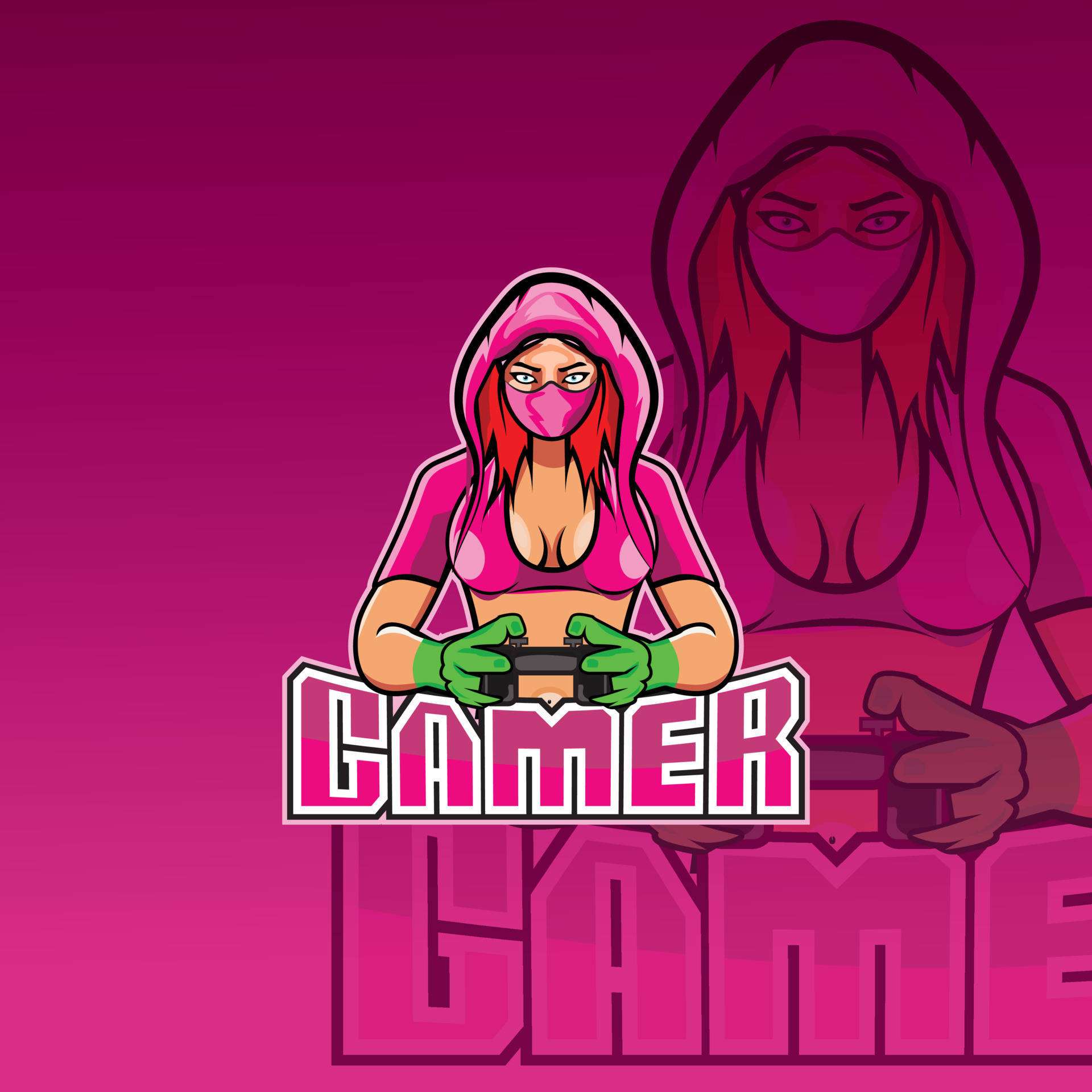 Dark Pink Hooded Girl, red hair, green gloves, Full HD Desktop Wallpaper