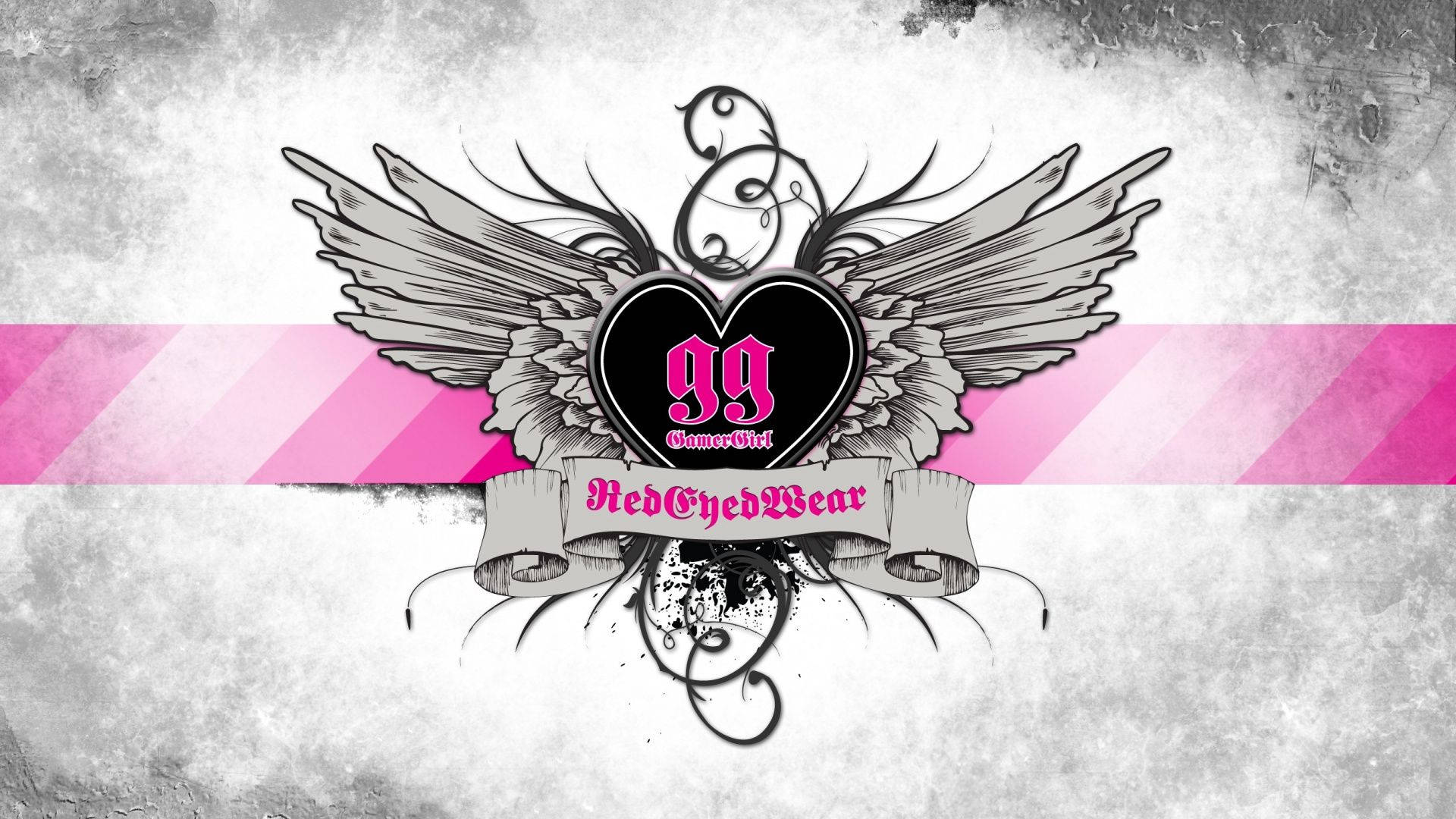 black heart with wings, pink text, textured gray and pink striped background, Full HD Desktop Wallpaper