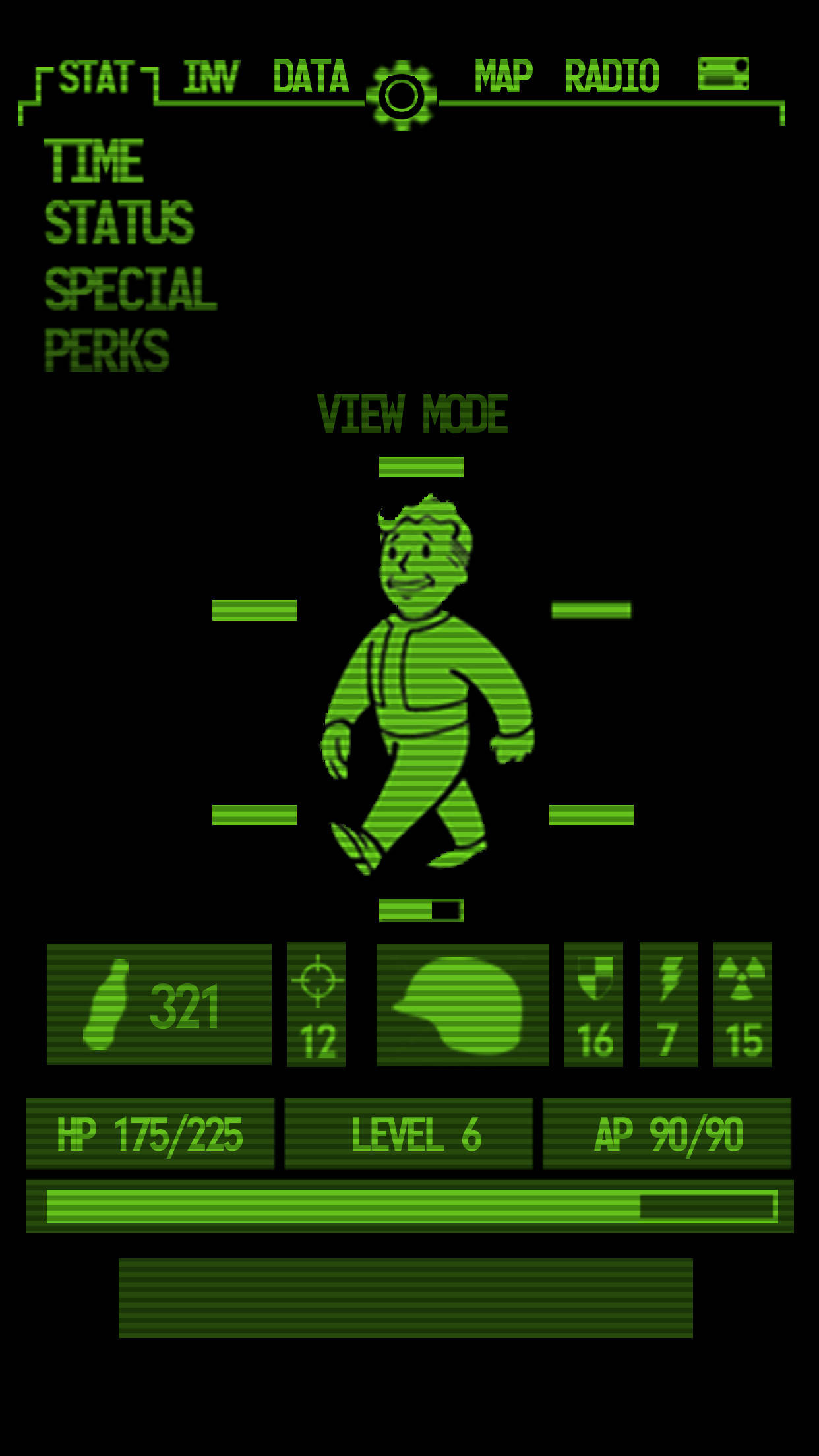 Gamer's Status Android Phone, green glowing retro video game HUD, walking character, Full HD Phone Wallpaper