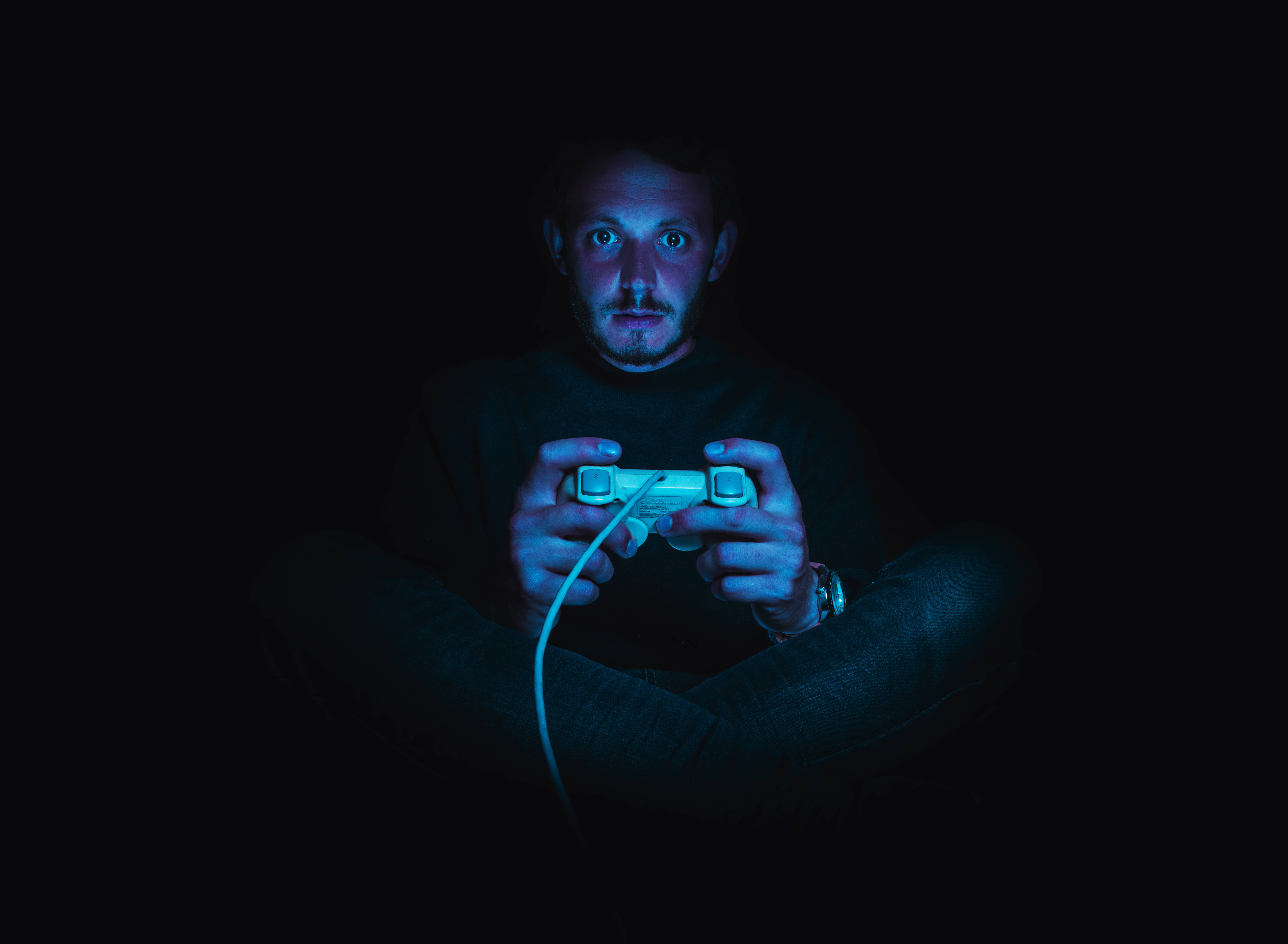 Gamer, black, glowing blue game controller, 5K Desktop Wallpaper