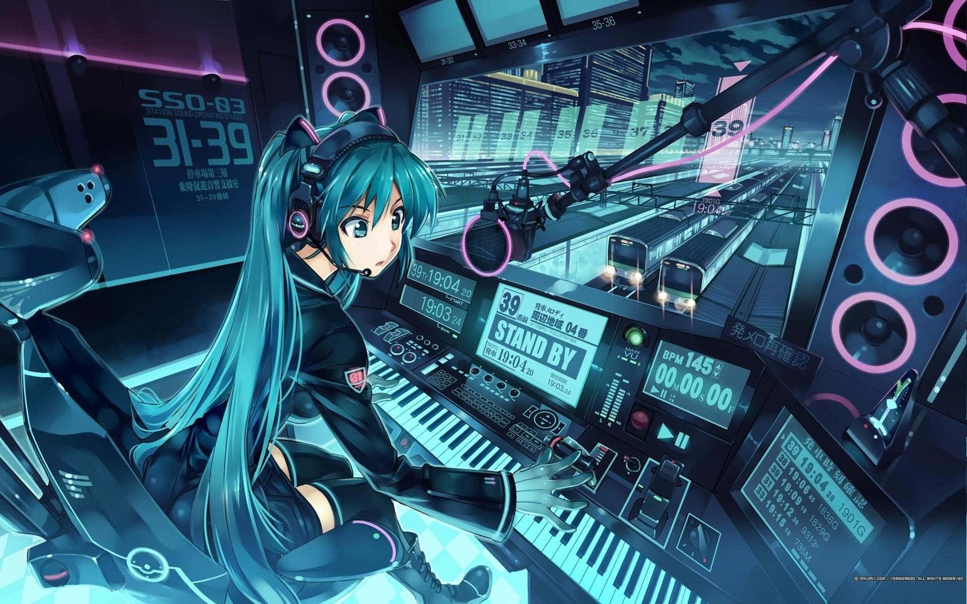 kawaii gaming girl, turquoise hair, glowing futuristic music console, Full HD Desktop Wallpaper