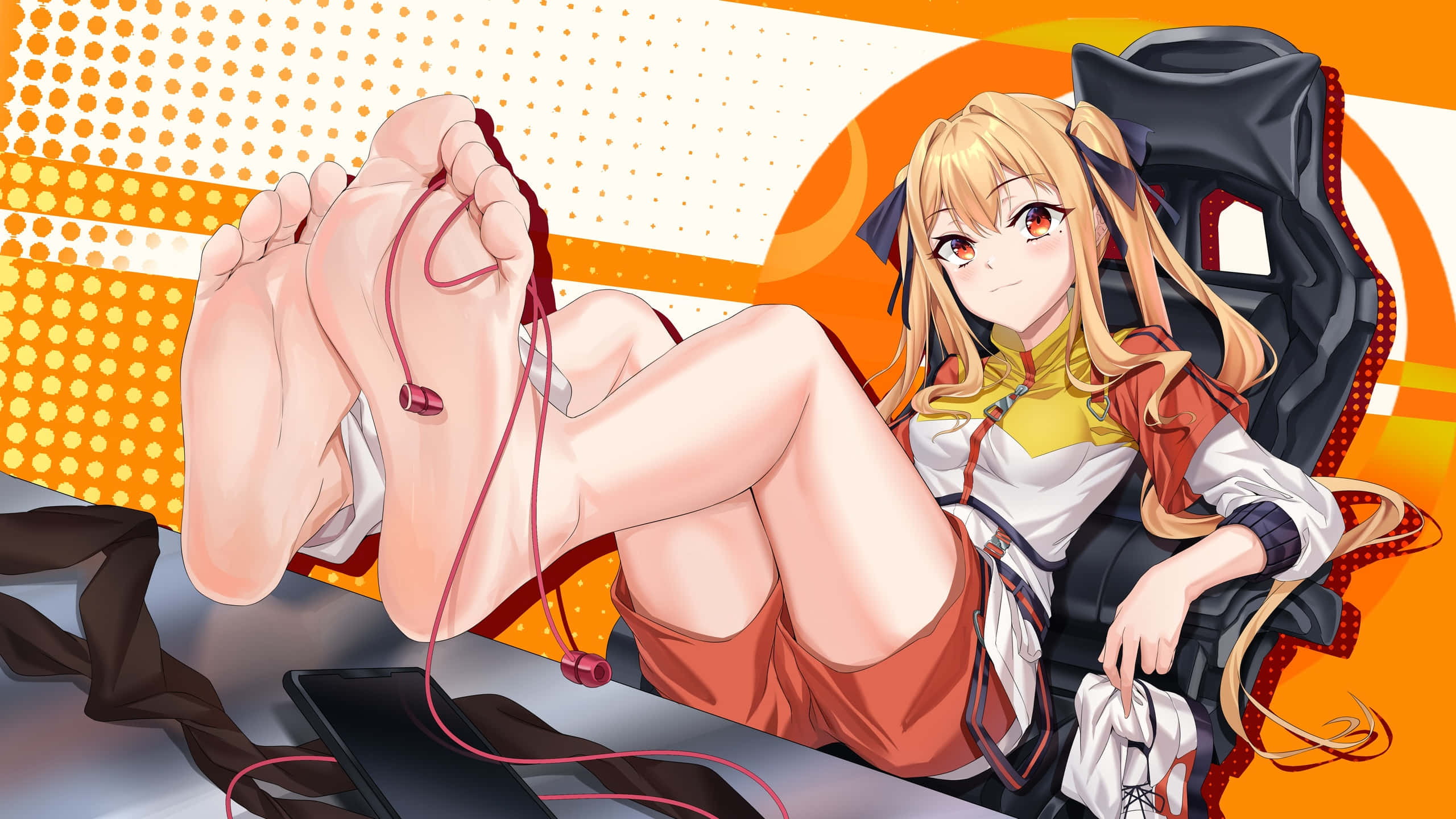gamer anime girl, red earbuds, vibrant orange dotted background, 2K Desktop Wallpaper