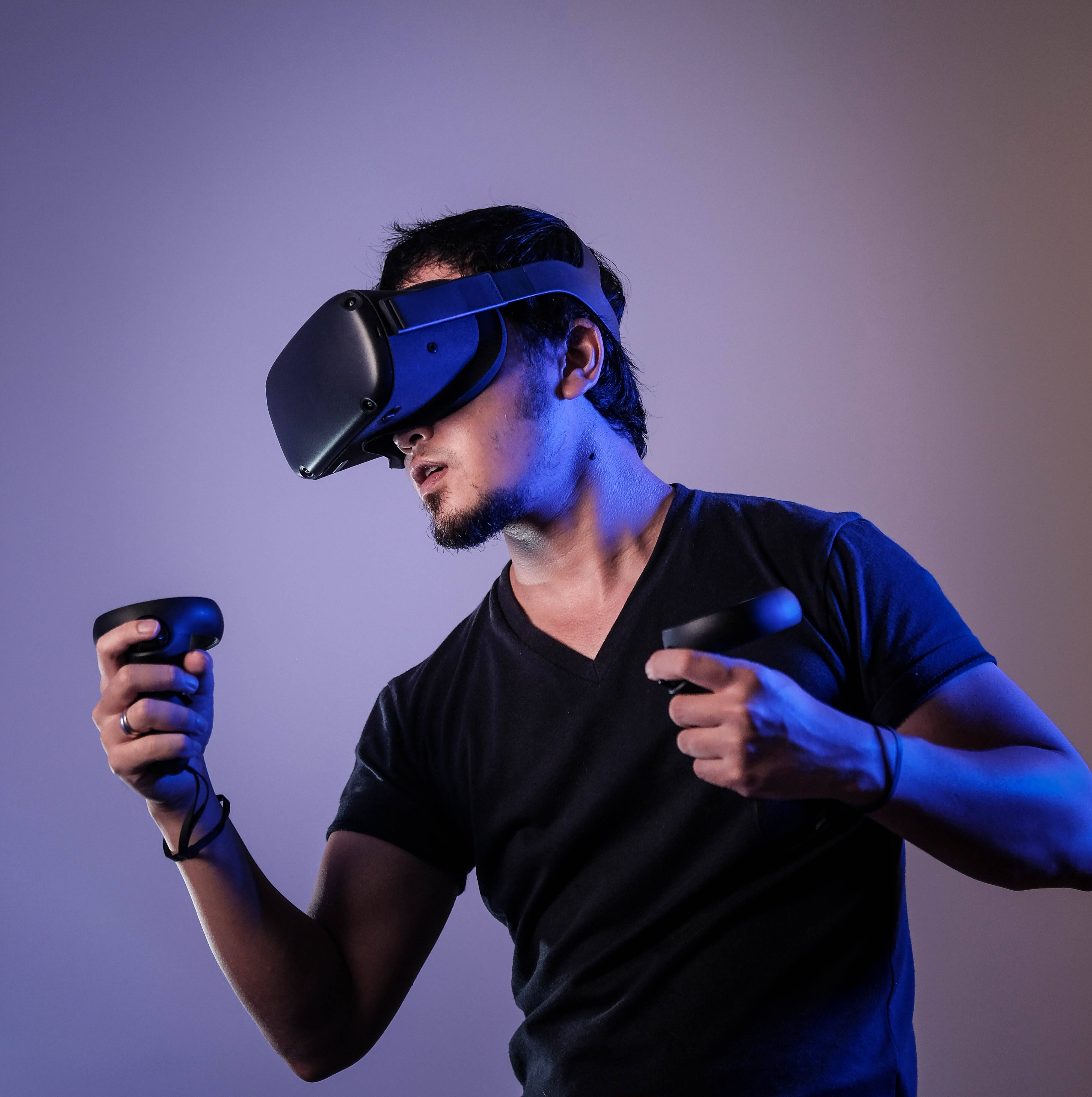 VR headset, controllers, cool blue studio lighting, 4K Phone Wallpaper