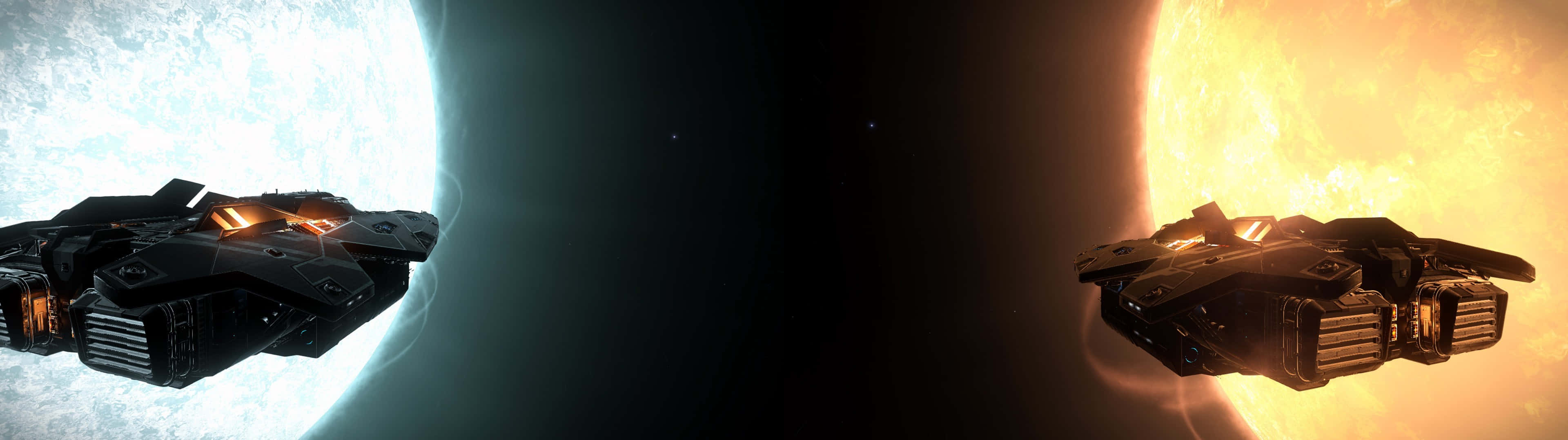 3840 x 1080, futuristic spaceships, glowing blue planet, 4K Desktop Wallpaper