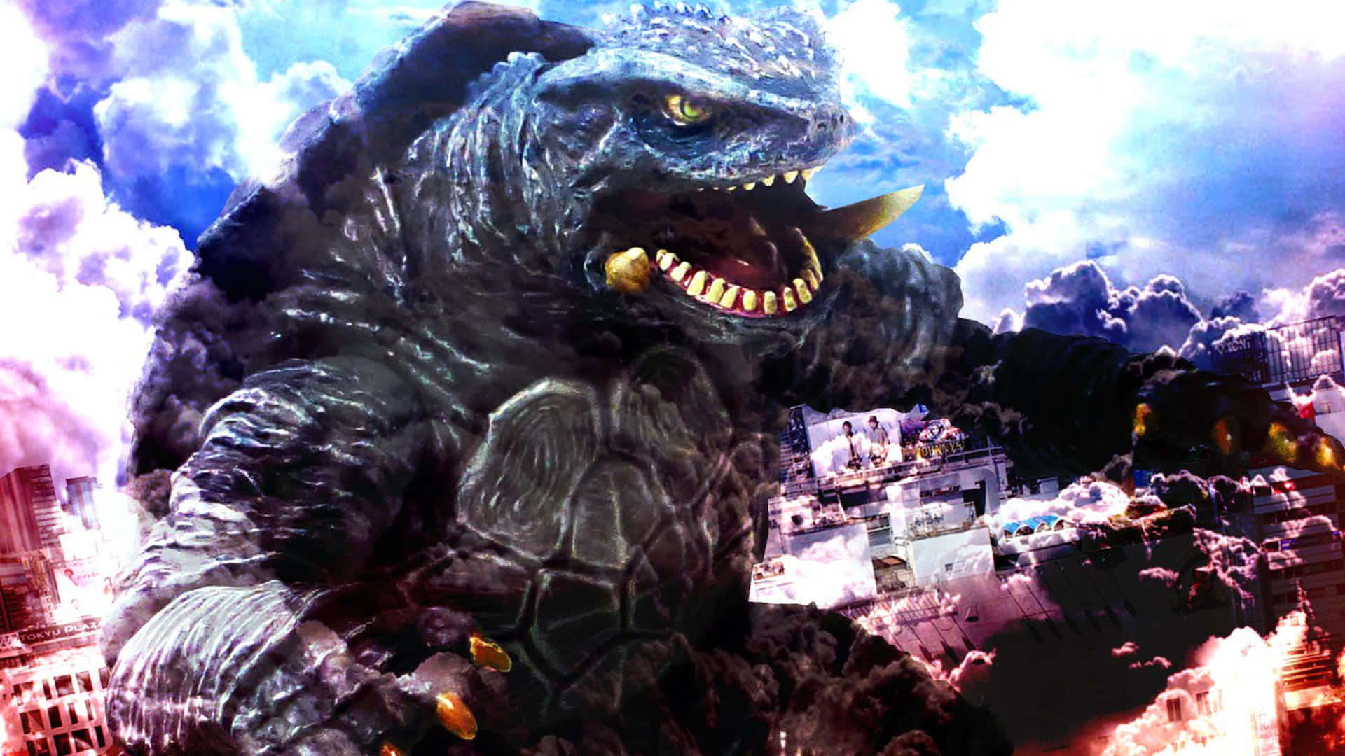 Gamera, colossal Godzilla-like monster, glowing eyes, Full HD Desktop Wallpaper