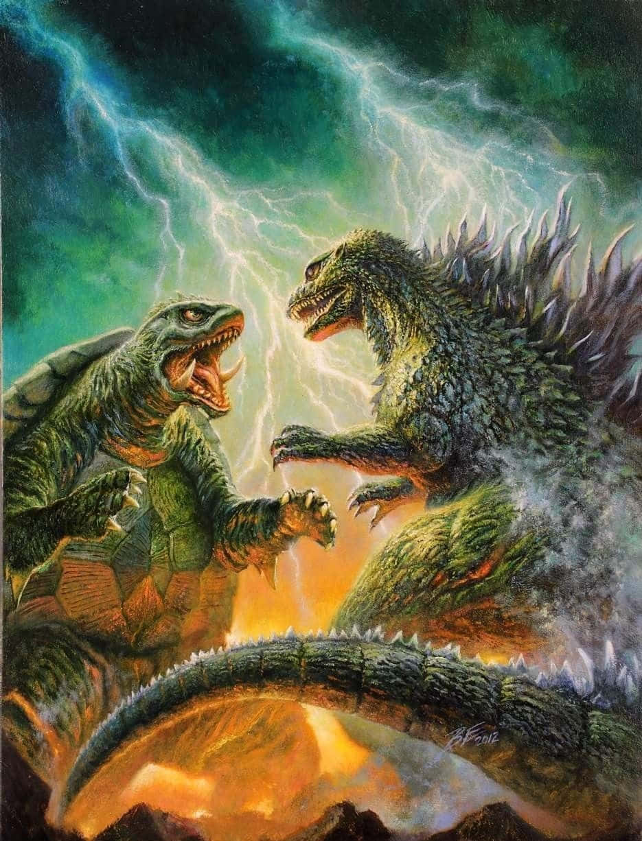 Gamera, giant guardian monster, fiery cityscape, SD Phone Wallpaper