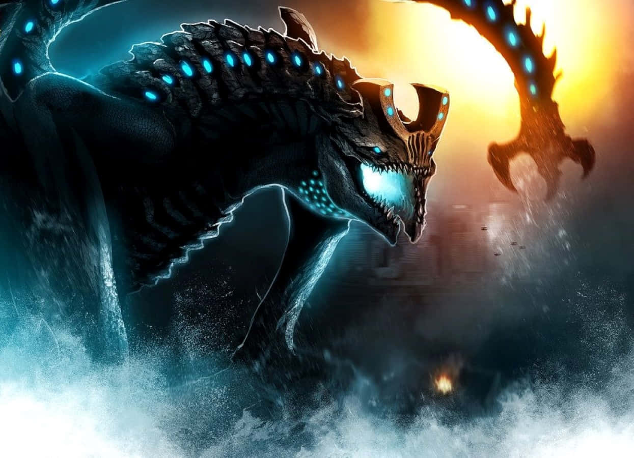 Gamera, dark dragon, glowing blue spikes, SD Desktop Wallpaper