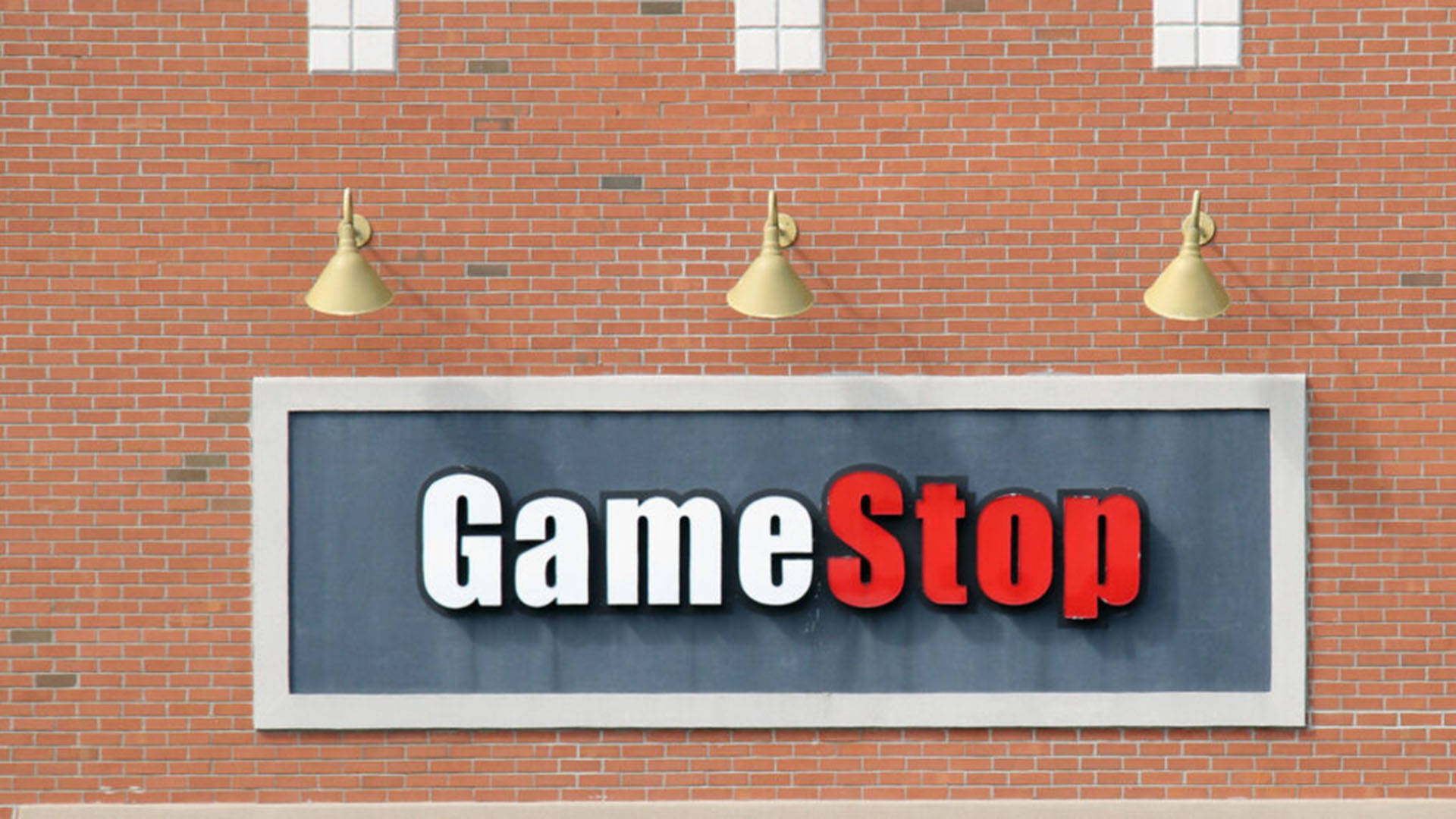 GameStop, orange brick wall sign, red brick wall, Full HD Desktop Wallpaper