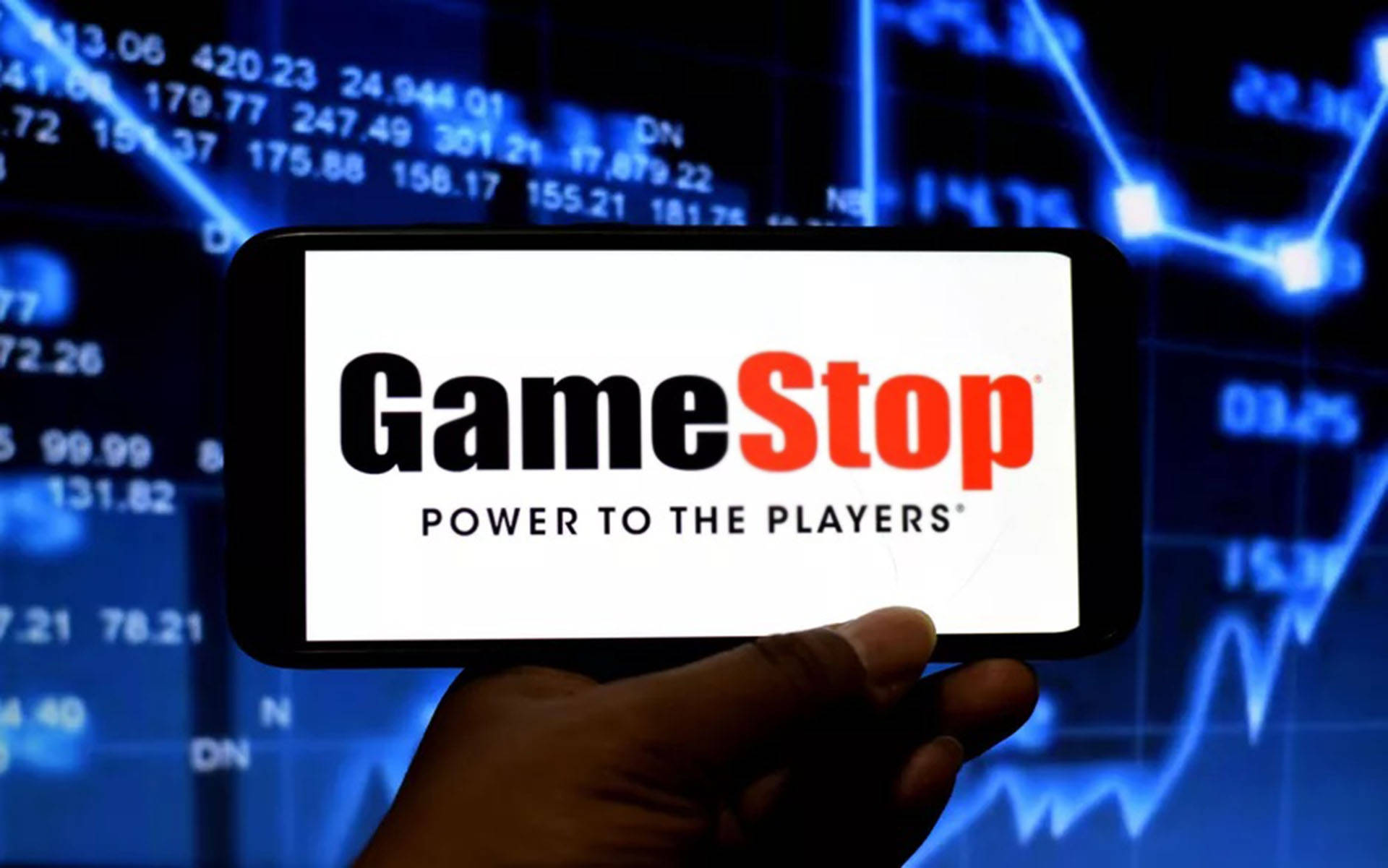 GameStop logo, blue, stock market data background, Full HD Desktop Wallpaper