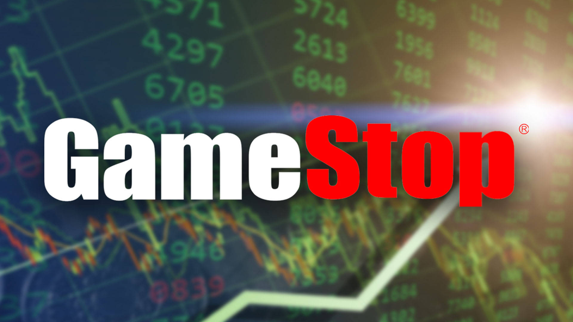 GameStop, white and red text, blurred financial chart, Full HD Desktop Wallpaper