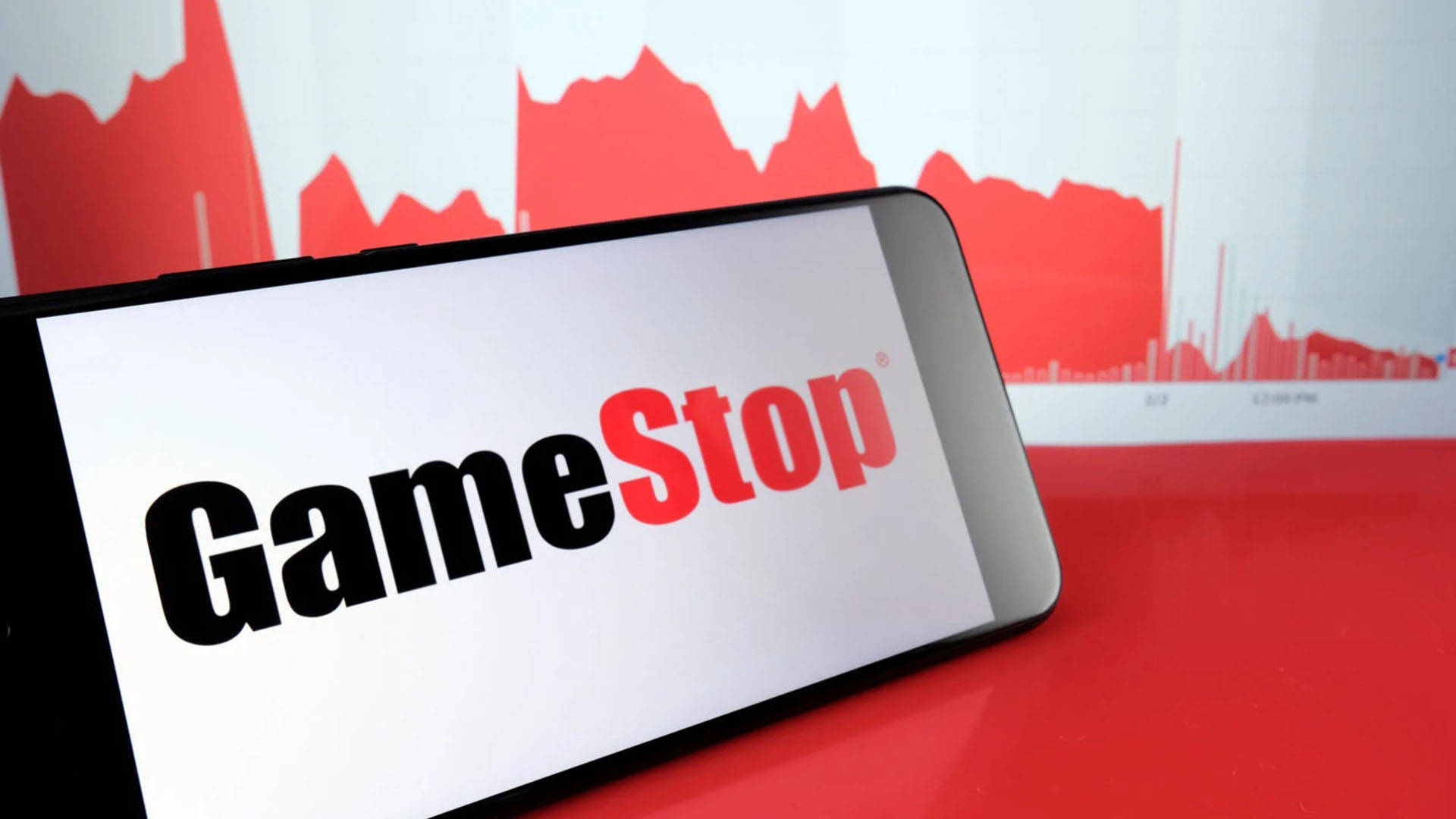 GameStop logo, red stock chart, smartphone, Full HD Desktop Wallpaper
