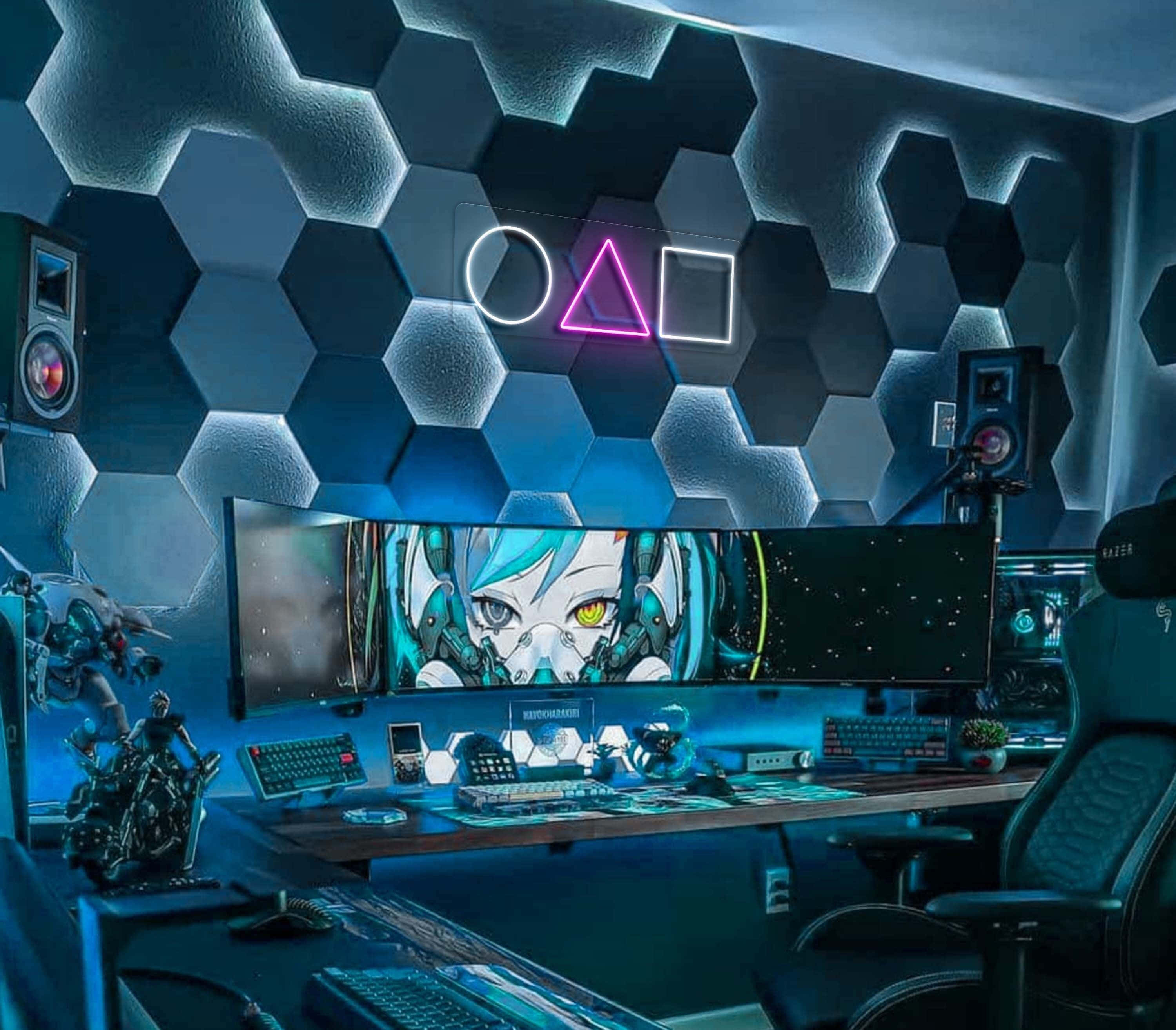 gaming accessories, hexagonal acoustic panels, glowing blue, 2K Desktop Wallpaper