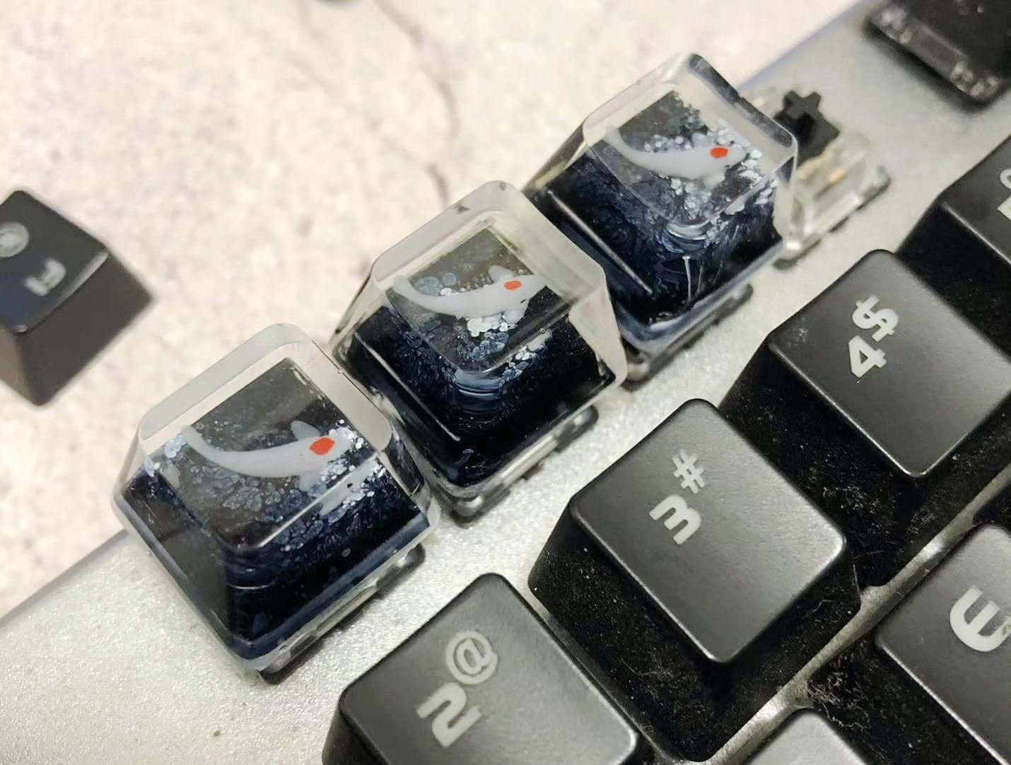 mechanical keyboard keycaps, translucent white whale designs, dark blue resin, HD Desktop Wallpaper
