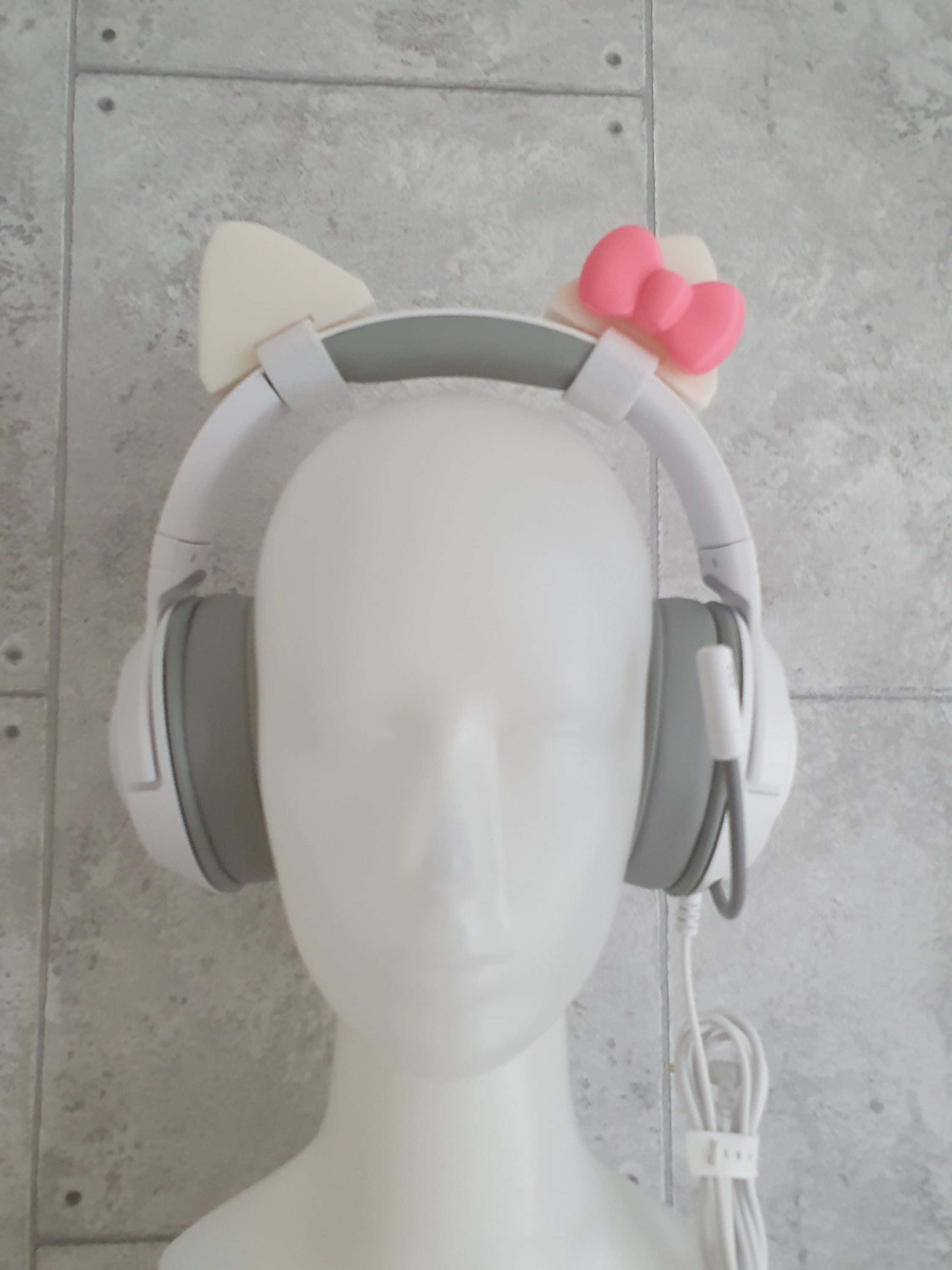 white over-ear headphones, cat ears, pink bow, 2K Phone Wallpaper