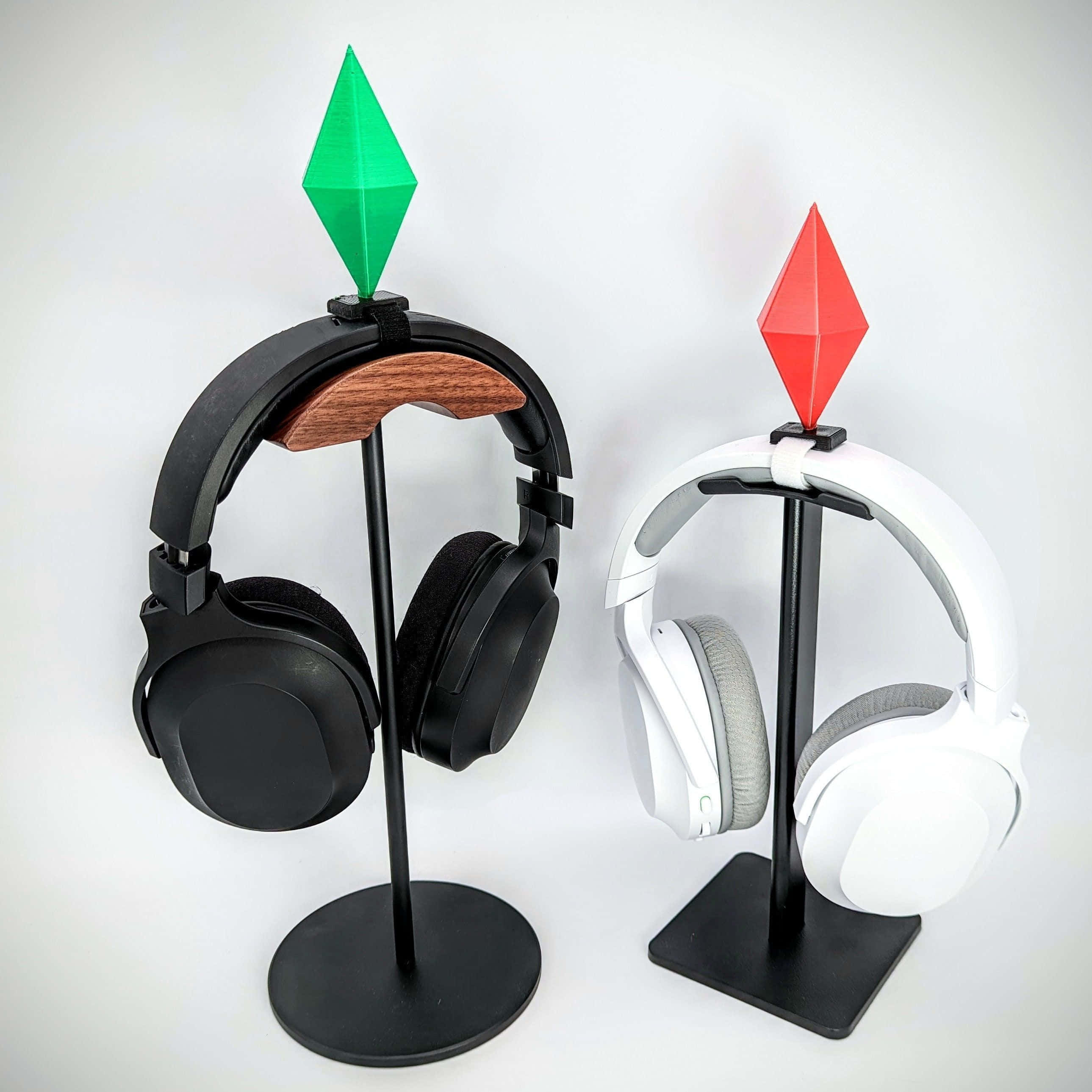 black headphones, white headphones, green gem-like shapes, 2K Desktop Wallpaper