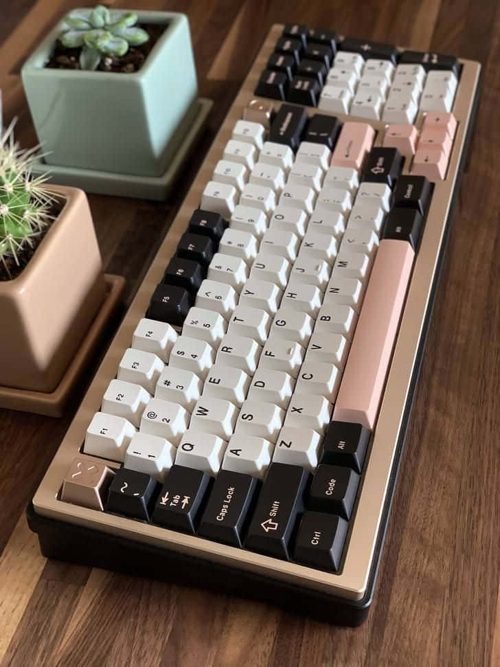 pastel pink and black mechanical keyboard, wooden desk, two small potted succulents, SD Phone Wallpaper