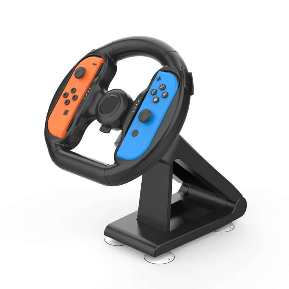 black racing wheel adapter, orange and blue Nintendo Switch Joy-Cons, clean white background, SD Desktop Wallpaper