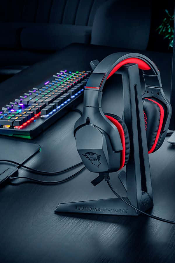 gaming headset, red accents, rainbow-lit mechanical keyboard, SD Phone Wallpaper