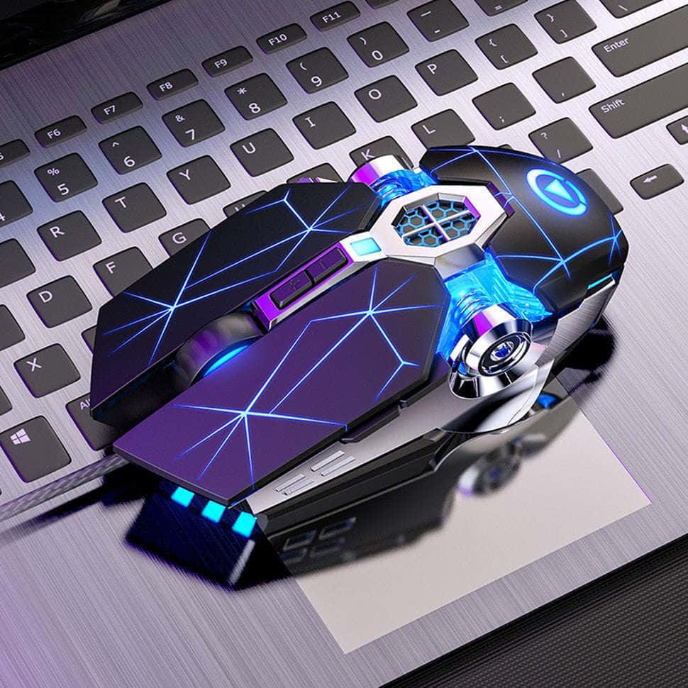 gaming mouse, glowing blue and purple lights, silver laptop keyboard, SD Desktop Wallpaper