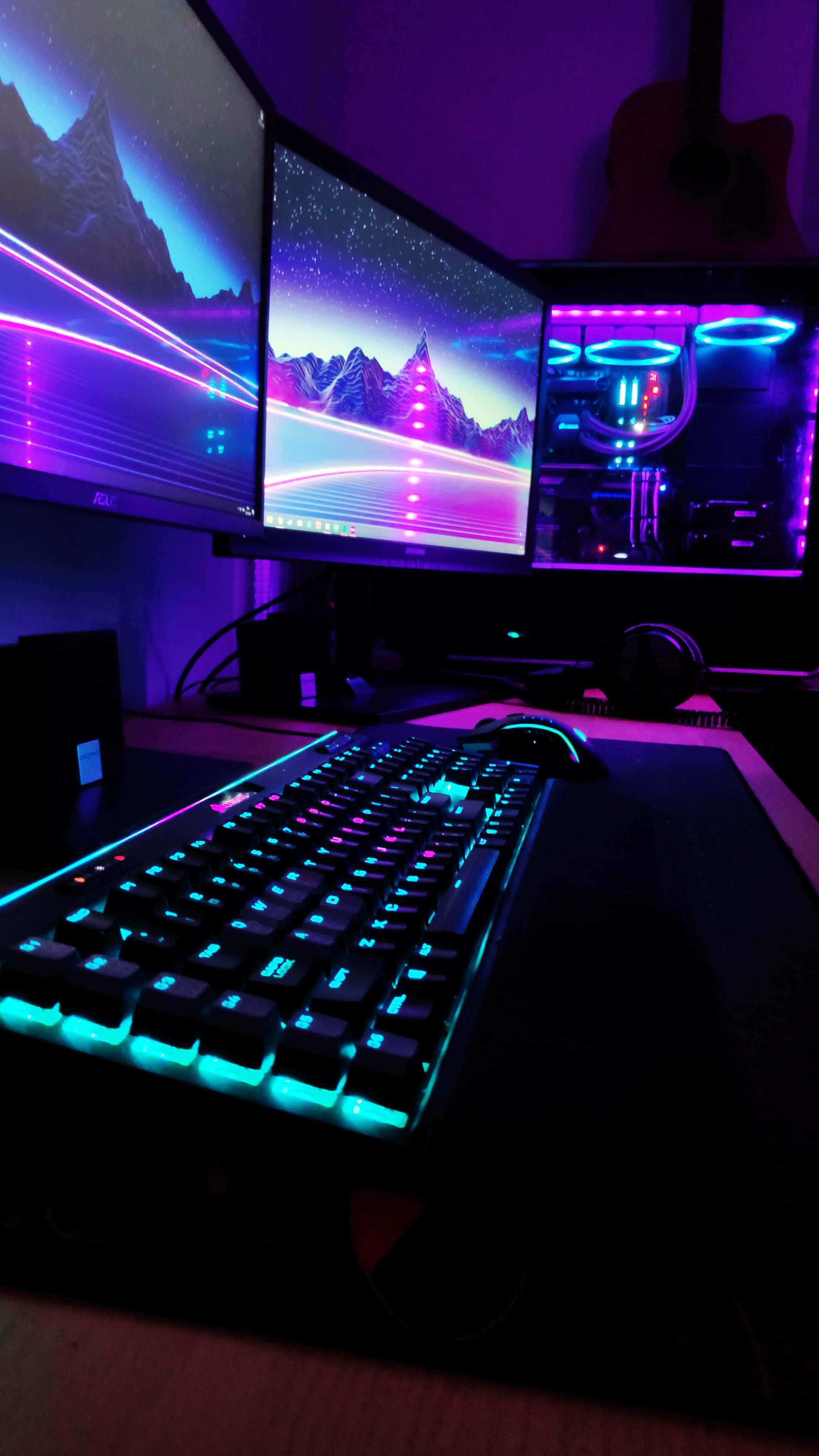 RGB keyboard, neon mountain landscapes, purple ambient lighting, 4K Phone Wallpaper