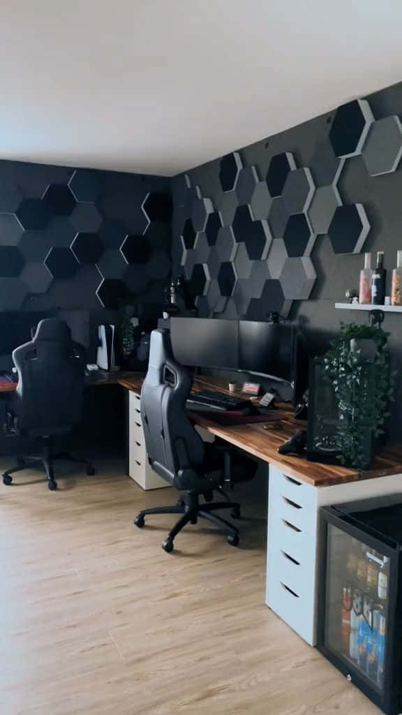 black hexagonal acoustic panels, wooden desks, bright daylight, SD Phone Wallpaper
