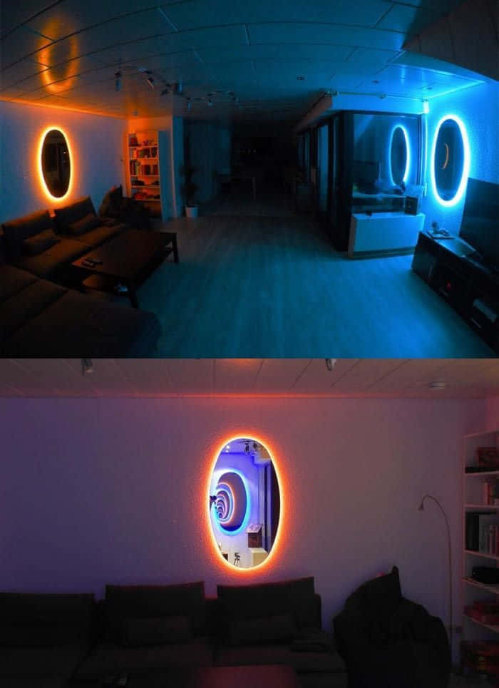 vibrant blue, orange neon light, circular wall mirrors, SD Phone Wallpaper