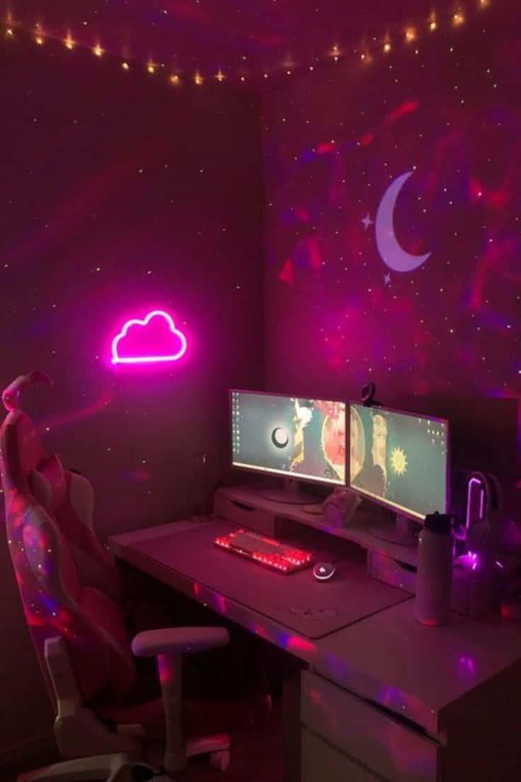 pink neon light, starry wall projections, glowing cloud sign, SD Phone Wallpaper