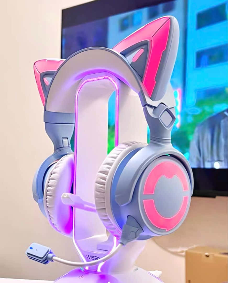 gaming headset, glowing pink cat ears, purple LED lights, SD Phone Wallpaper