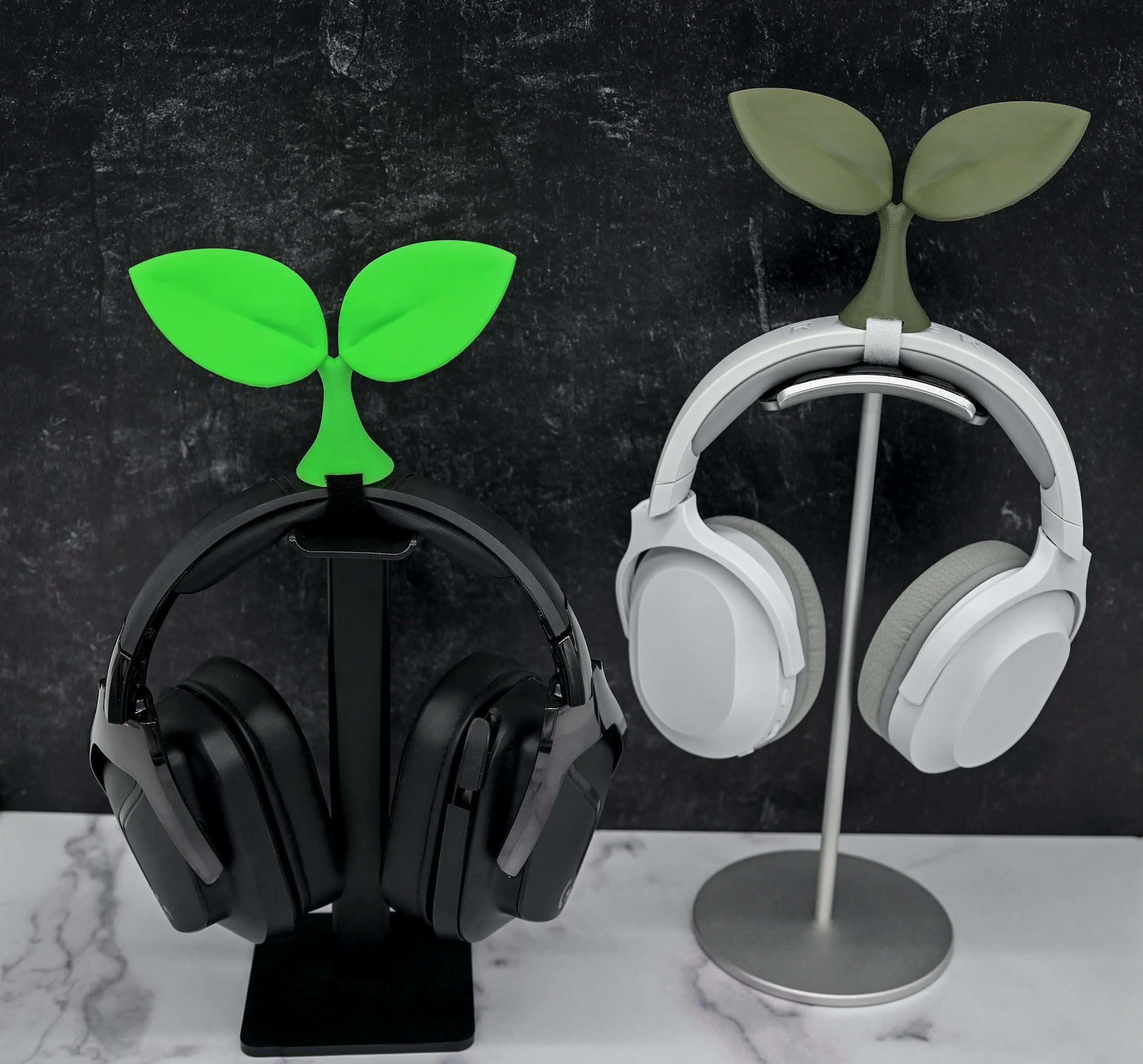 black and white headphones, plant-shaped stands, dark textured wall, Full HD Desktop Wallpaper