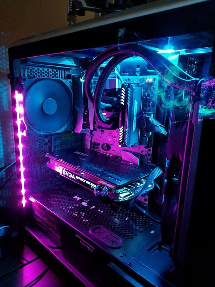 custom PC case, vibrant purple and blue LED lights, internal components, SD Phone Wallpaper