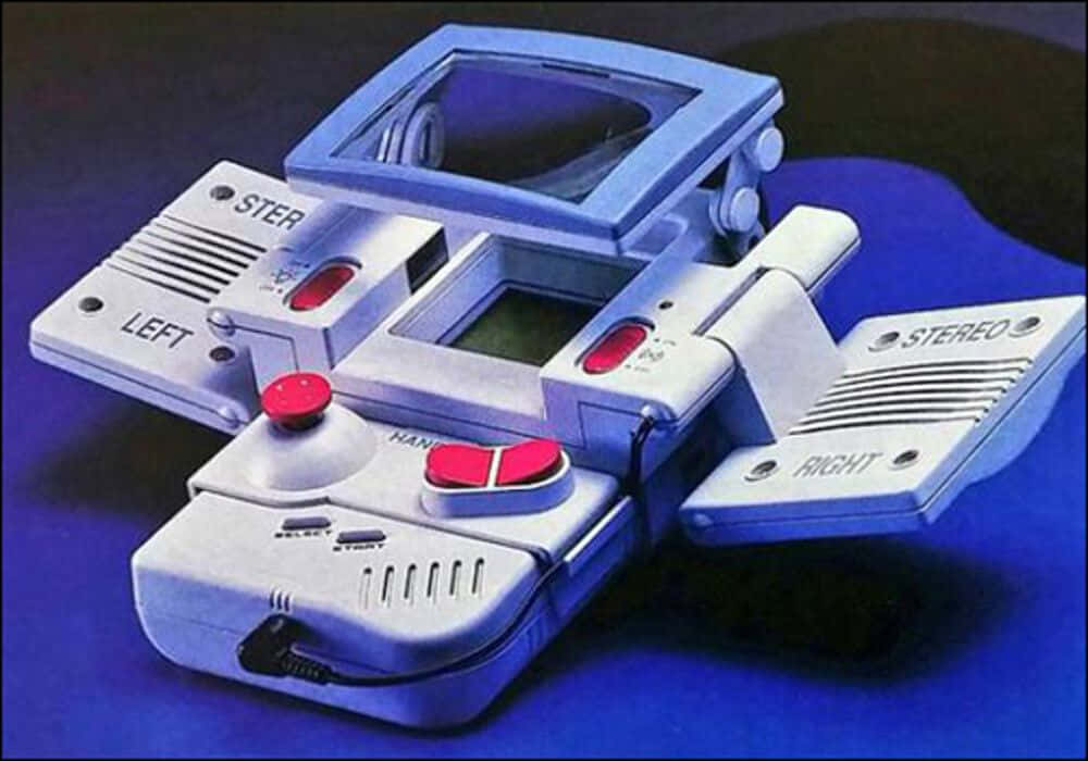 retro futuristic handheld gaming device, blue and silver casing, red buttons, SD Desktop Wallpaper