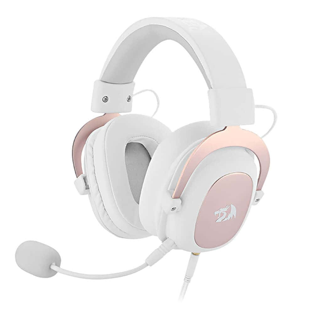 white gaming headset, rose gold accents, detachable mic, SD Desktop Wallpaper