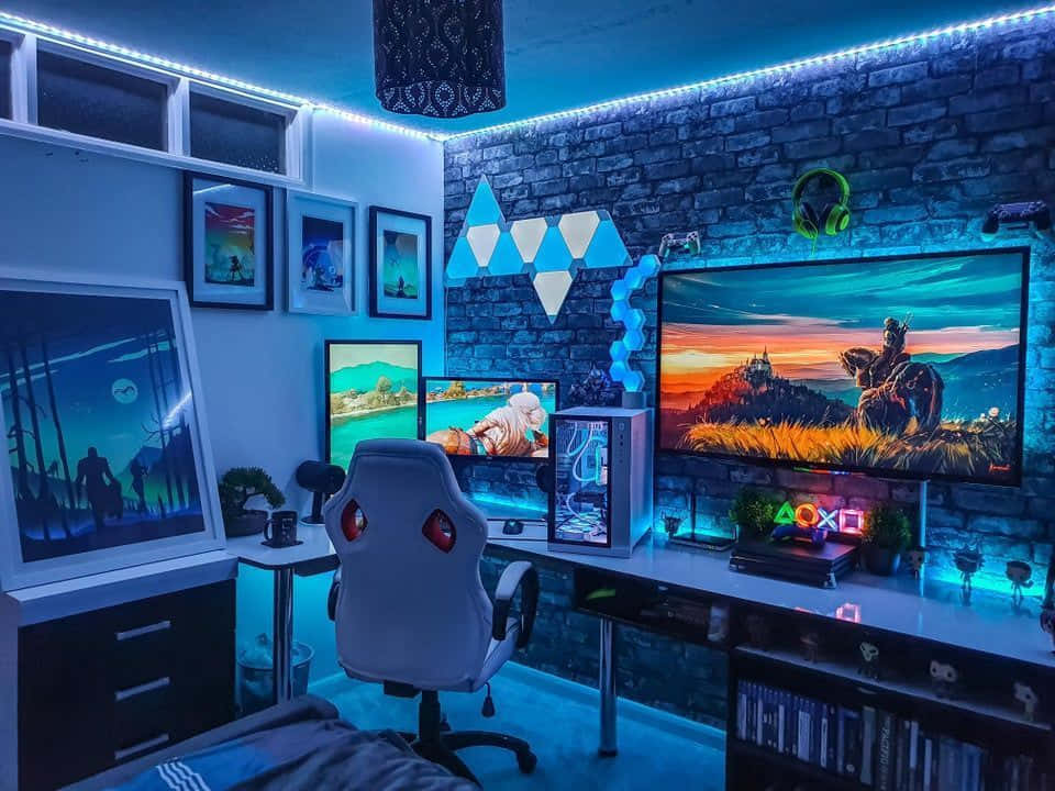 blue LED light, multiple monitors, vibrant game scenes, SD Desktop Wallpaper