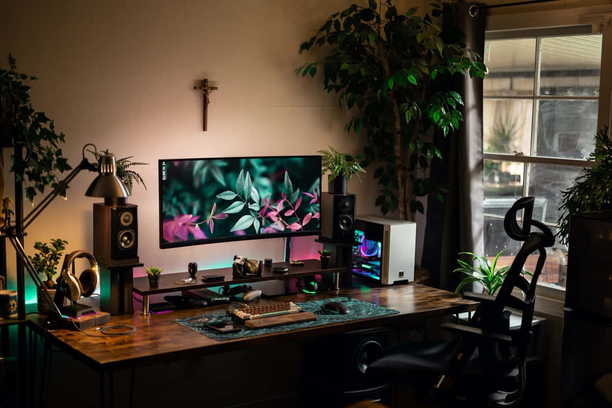 gaming PC setup, wooden desk, gaming chair, SD Desktop Wallpaper