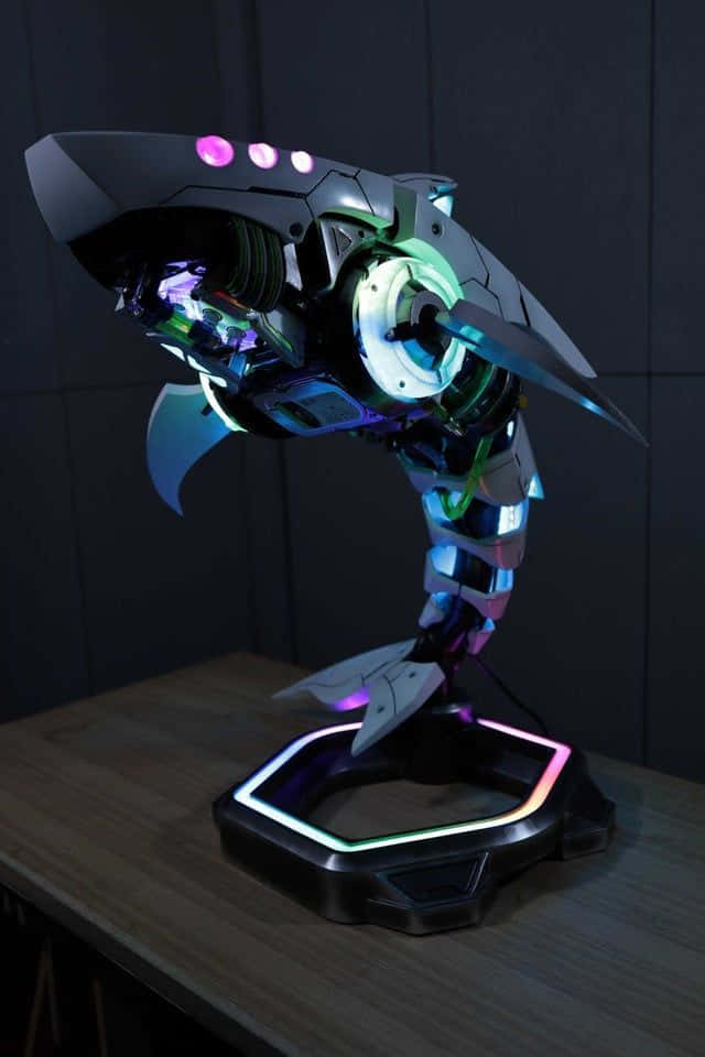 cybernetic shark sculpture, neon lights, hexagonal base, SD Phone Wallpaper