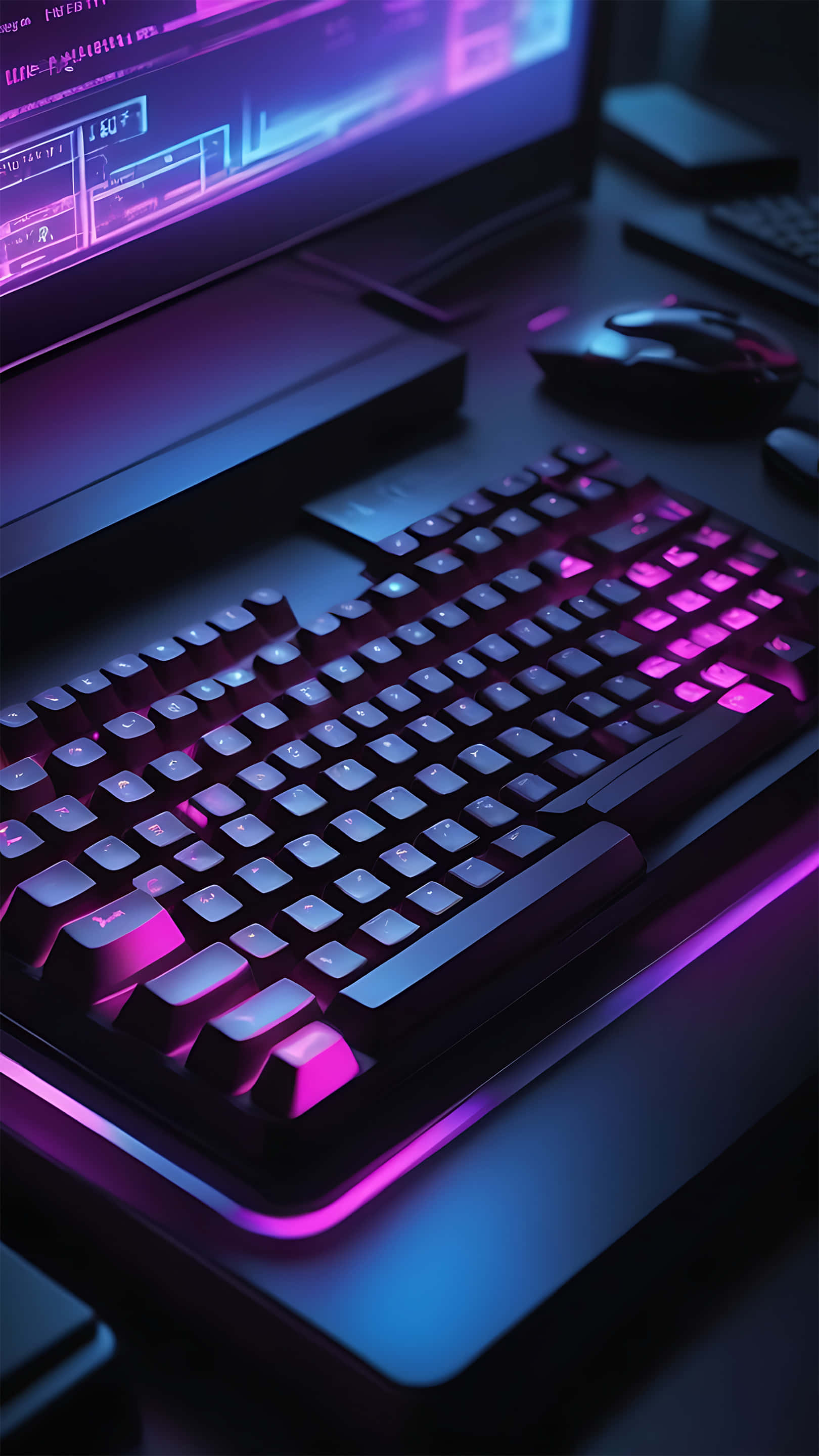 mechanical keyboard, glowing purple and blue, dark desk, 2K Phone Wallpaper