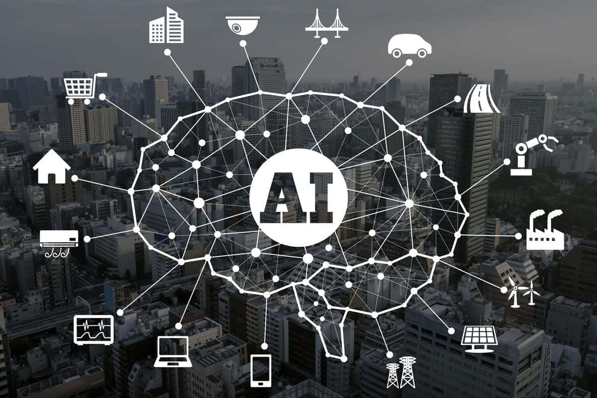 Gaming AI, futuristic cityscape, glowing AI brain network, SD Desktop Wallpaper
