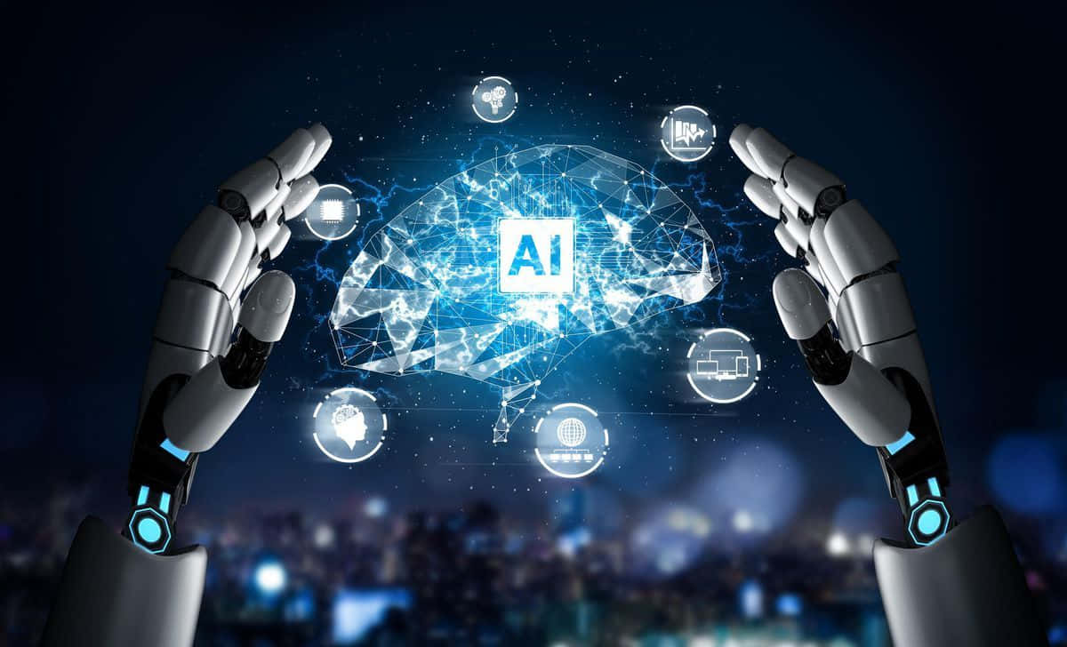 Gaming AI, glowing blue AI brain hologram, tech icons, SD Desktop Wallpaper