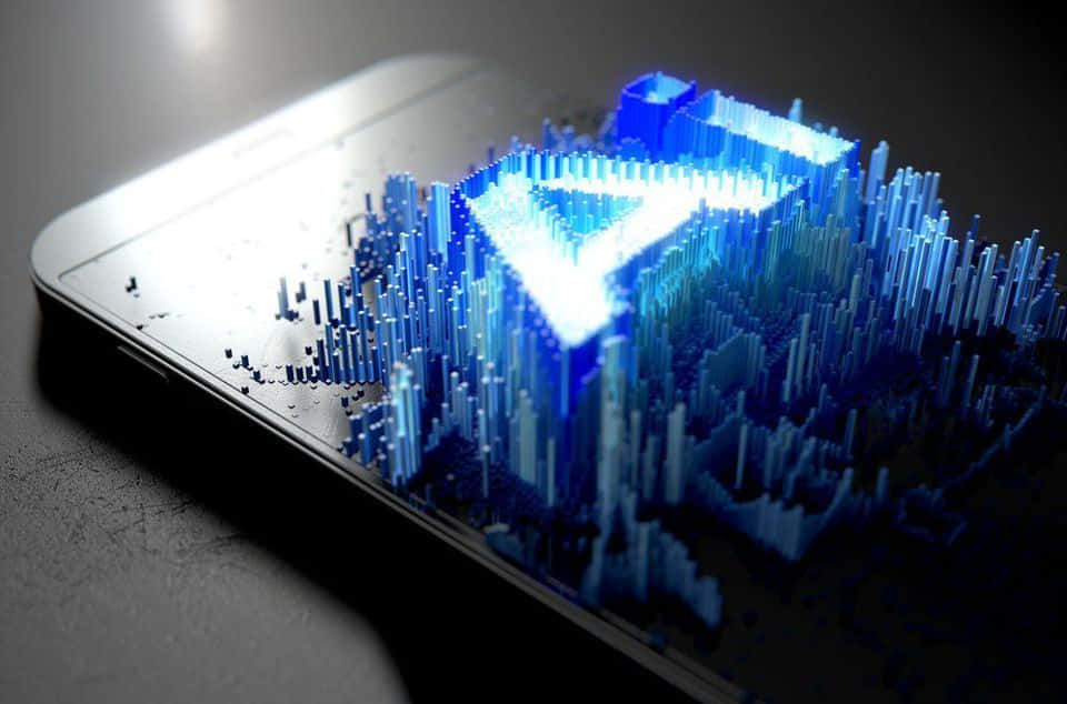 gaming ai, smartphone, glowing blue 3d-rendered triangular data visualization, SD Desktop Wallpaper