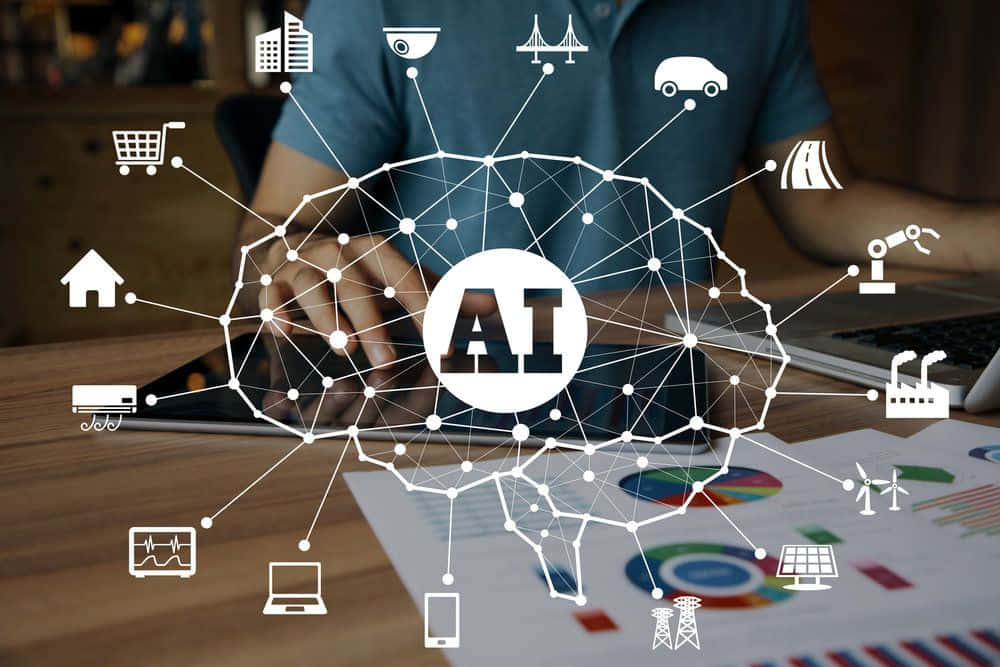 Gaming AI, AI icons, network overlay, SD Desktop Wallpaper