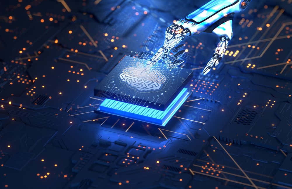 Gaming AI, robotic hand, circuit board, SD Desktop Wallpaper