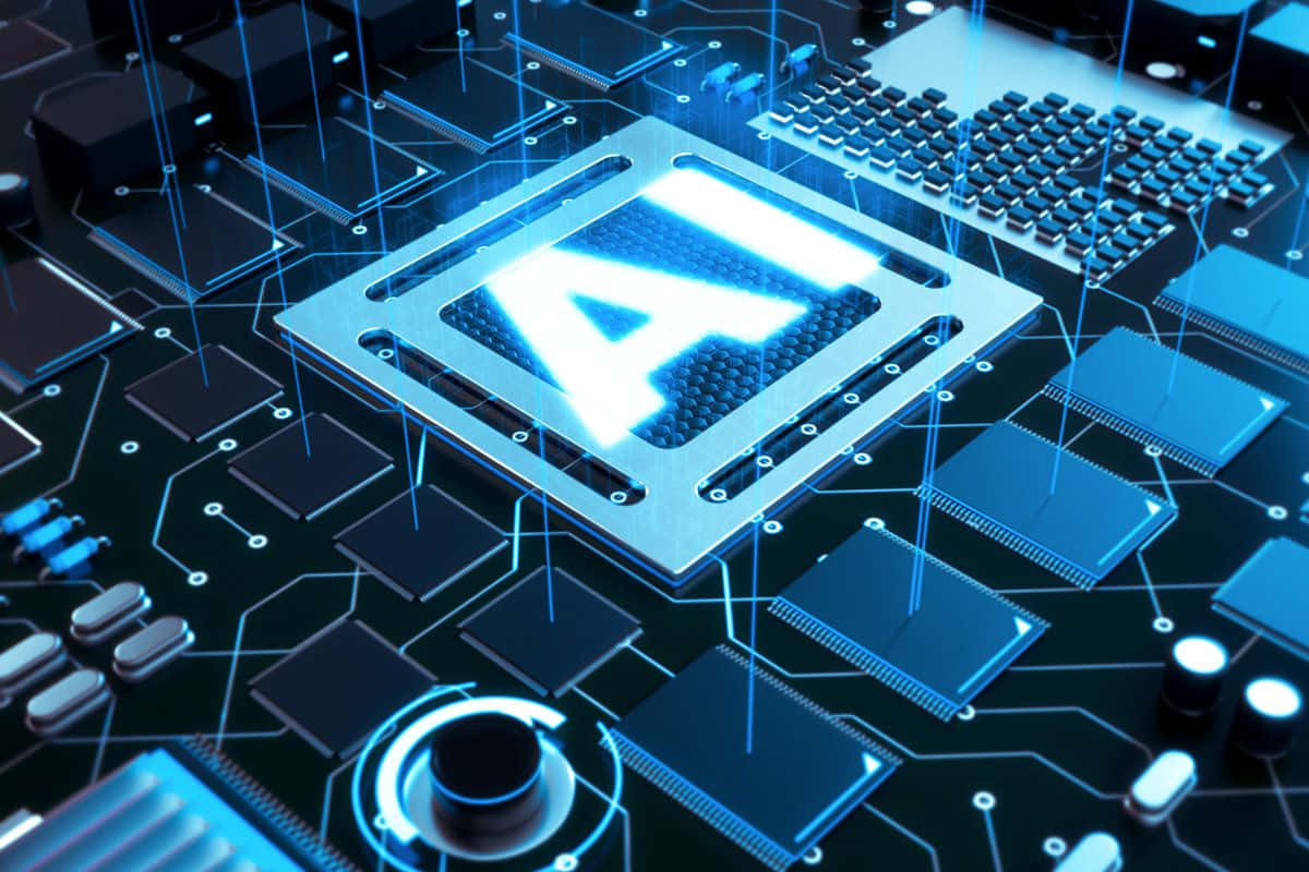 gaming ai, glowing blue AI chip, futuristic circuit board, SD Desktop Wallpaper