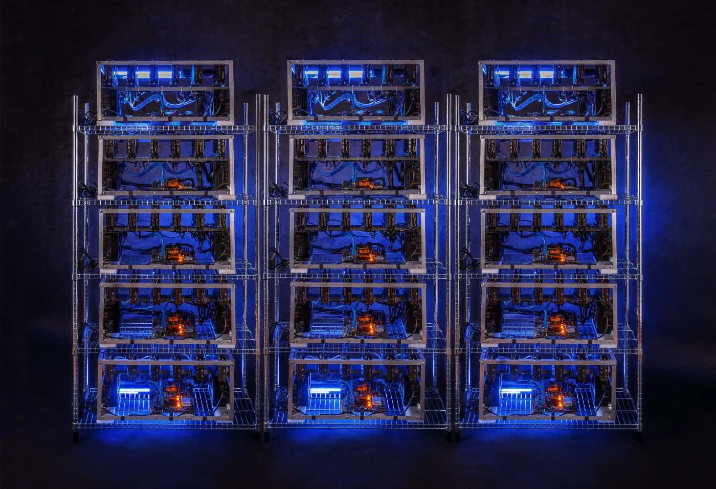 Gaming AI, server racks, blue and orange lights, HD Desktop Wallpaper